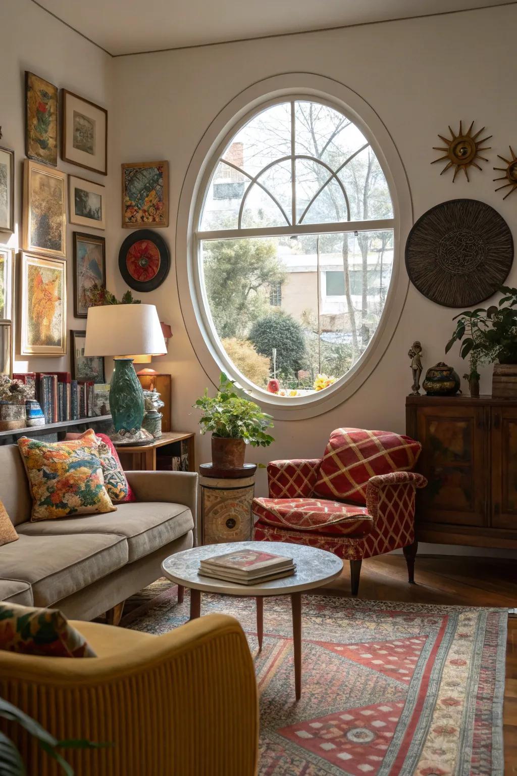 A circular window adds a playful charm to this diverse living room.