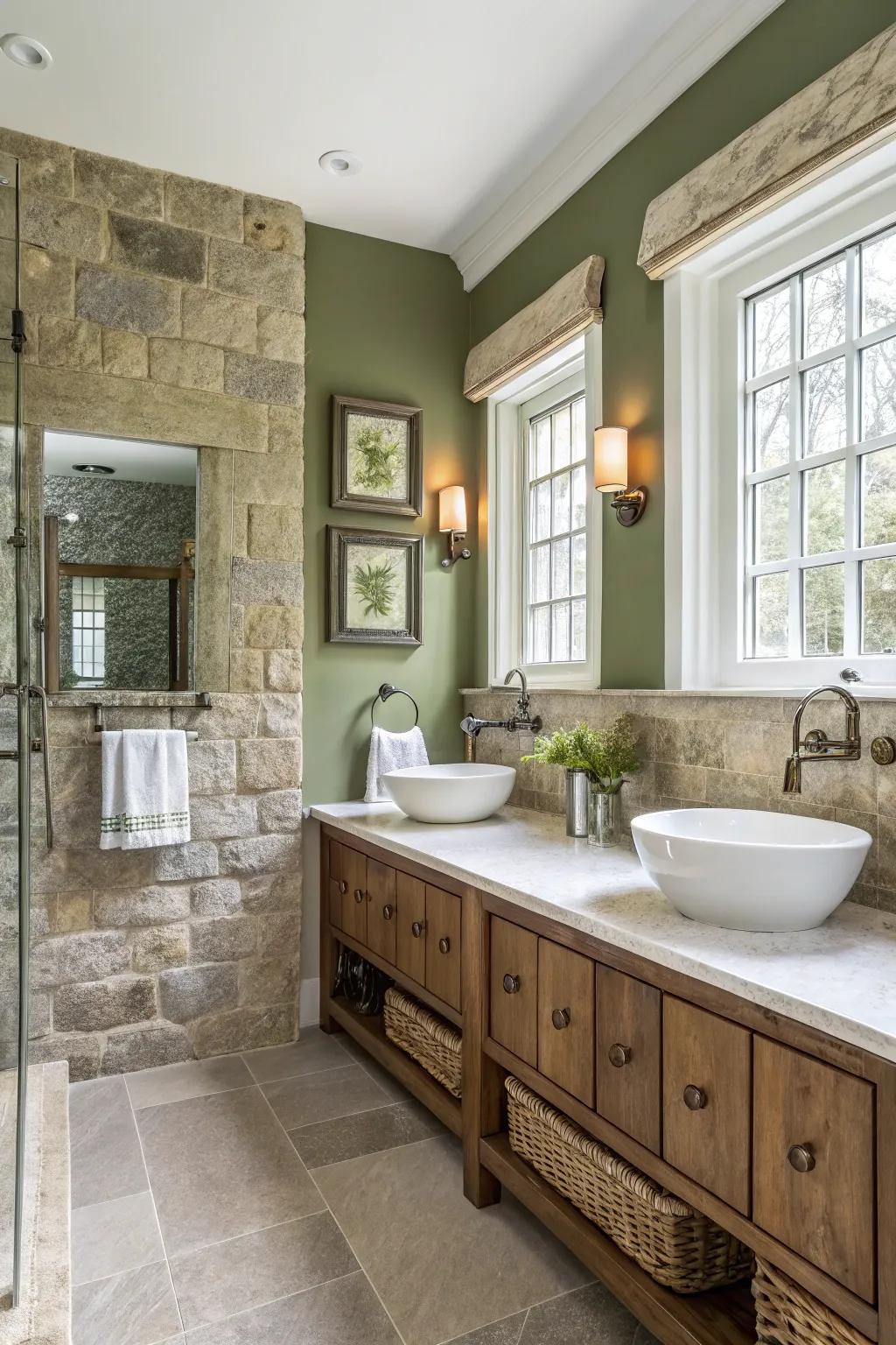 Forest green walls evoke a spa-like atmosphere in this bathing room.