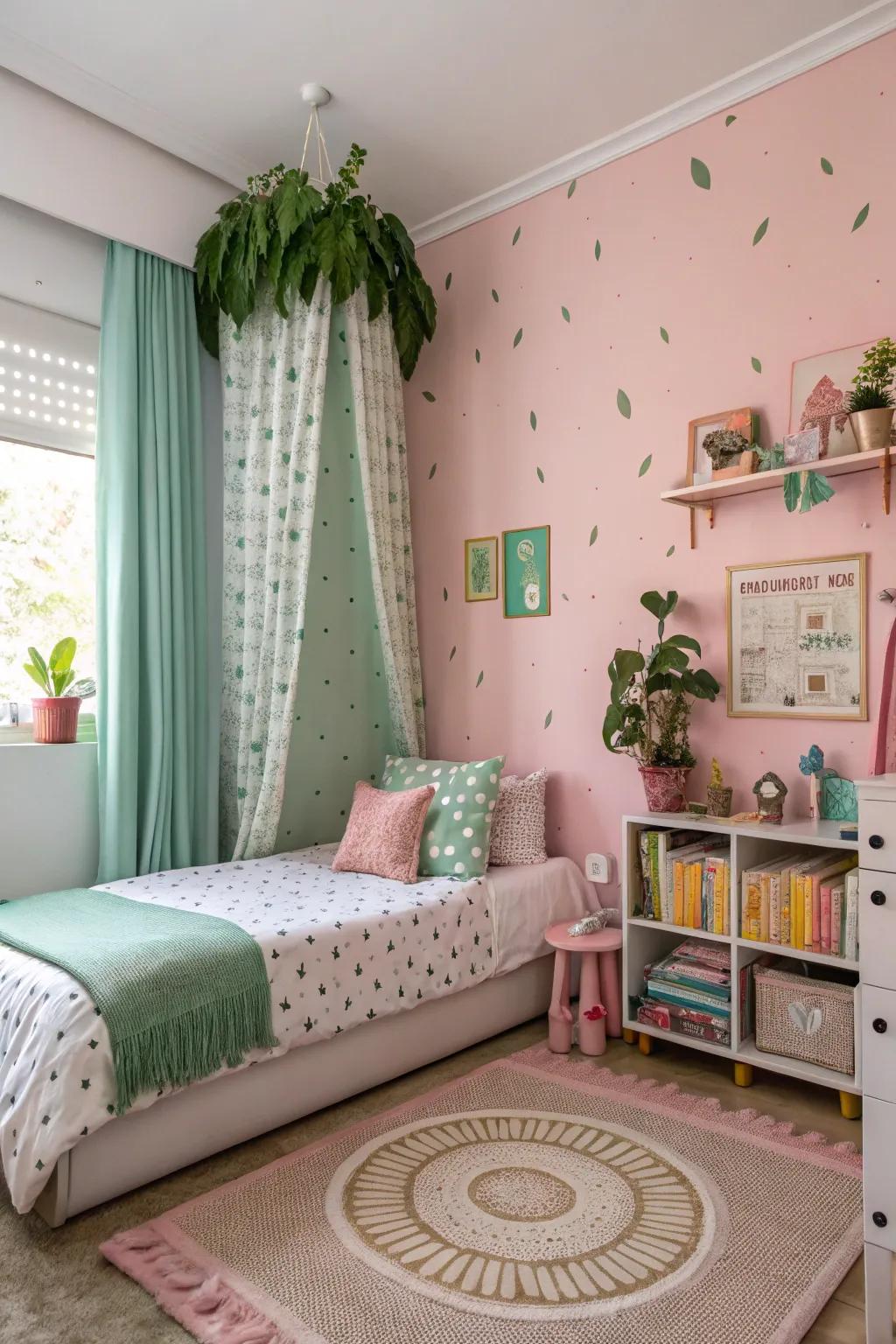 Whimsical pink walls paired with green decor create a dreamy vibe.