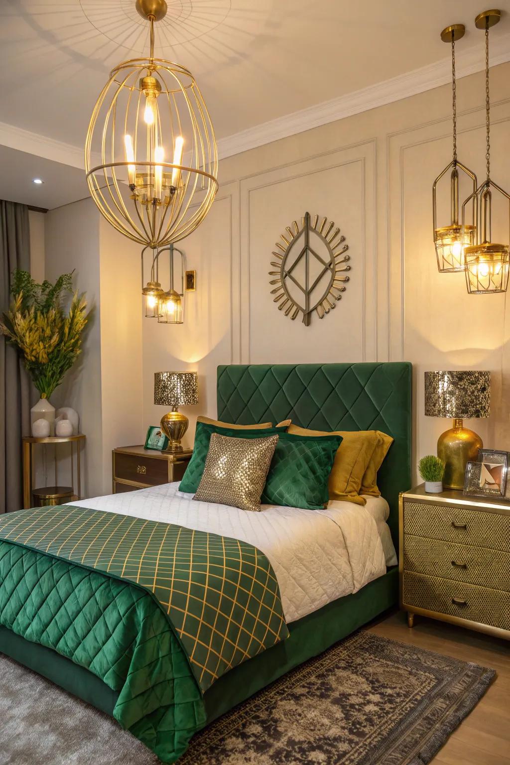 Green and metallic features come together for a sophisticated and opulent bedroom.