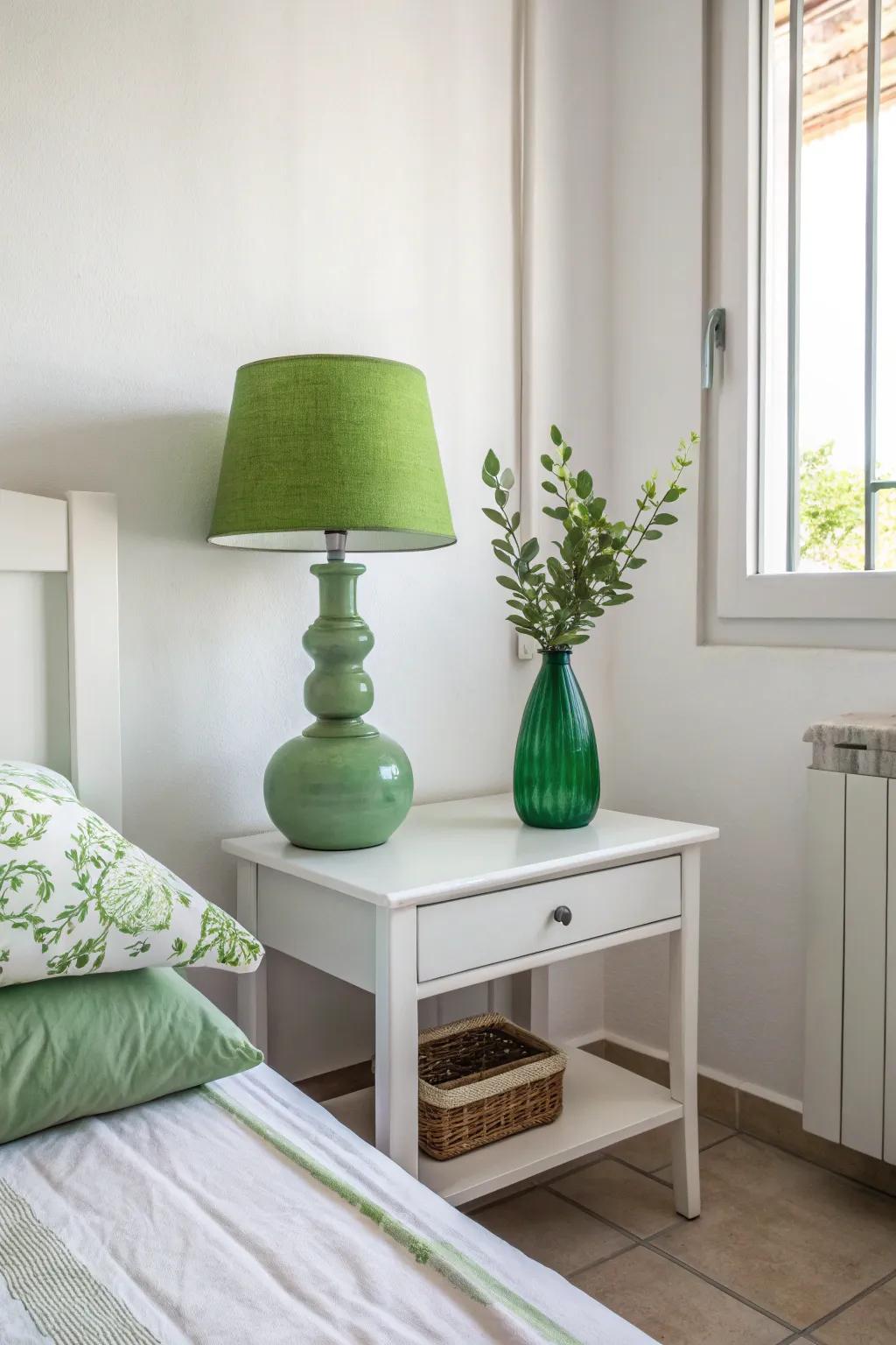 Minimalist green decor fosters a tranquil, uncluttered atmosphere.