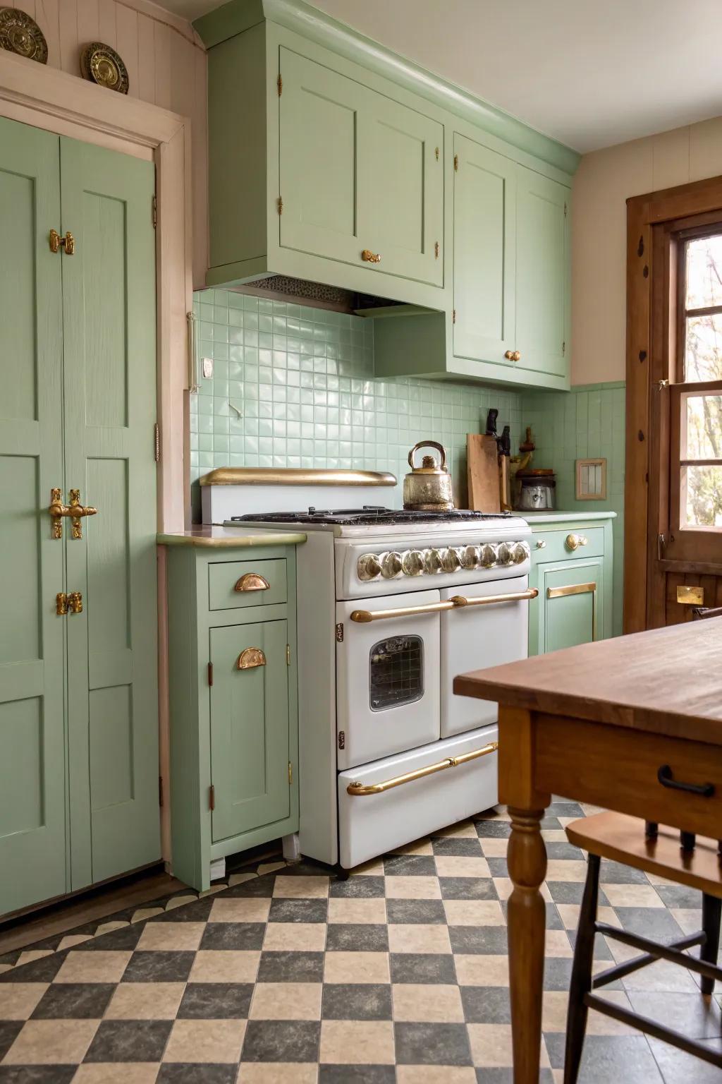 Enchanting kitchen featuring retro sensations and soft green cabinets.