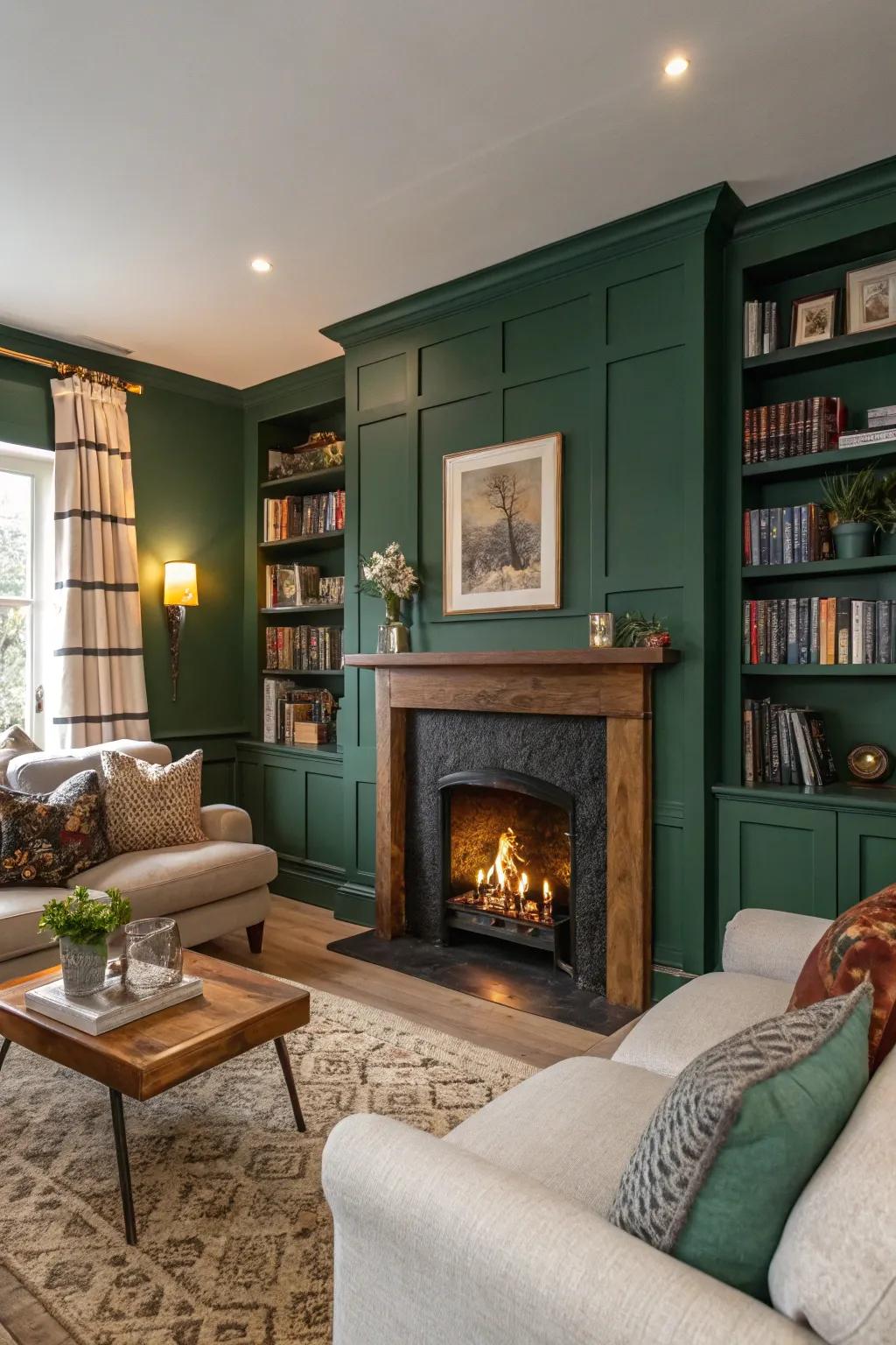 A dramatic living room featuring a woodland green feature wall that enhances the fireplace.