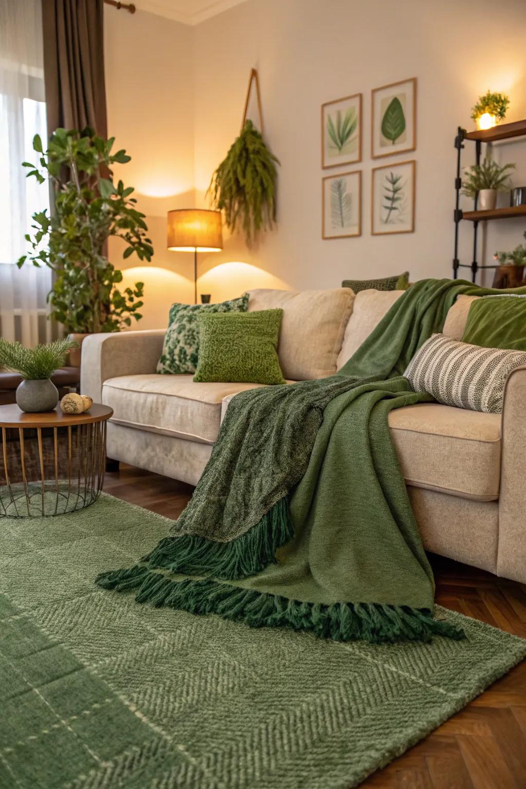 Layering green fabrics introduces coziness and depth to your space.