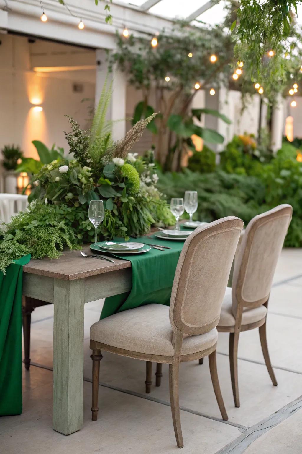 Elegant soft-colored chairs that contrast beautifully with the green decorations.