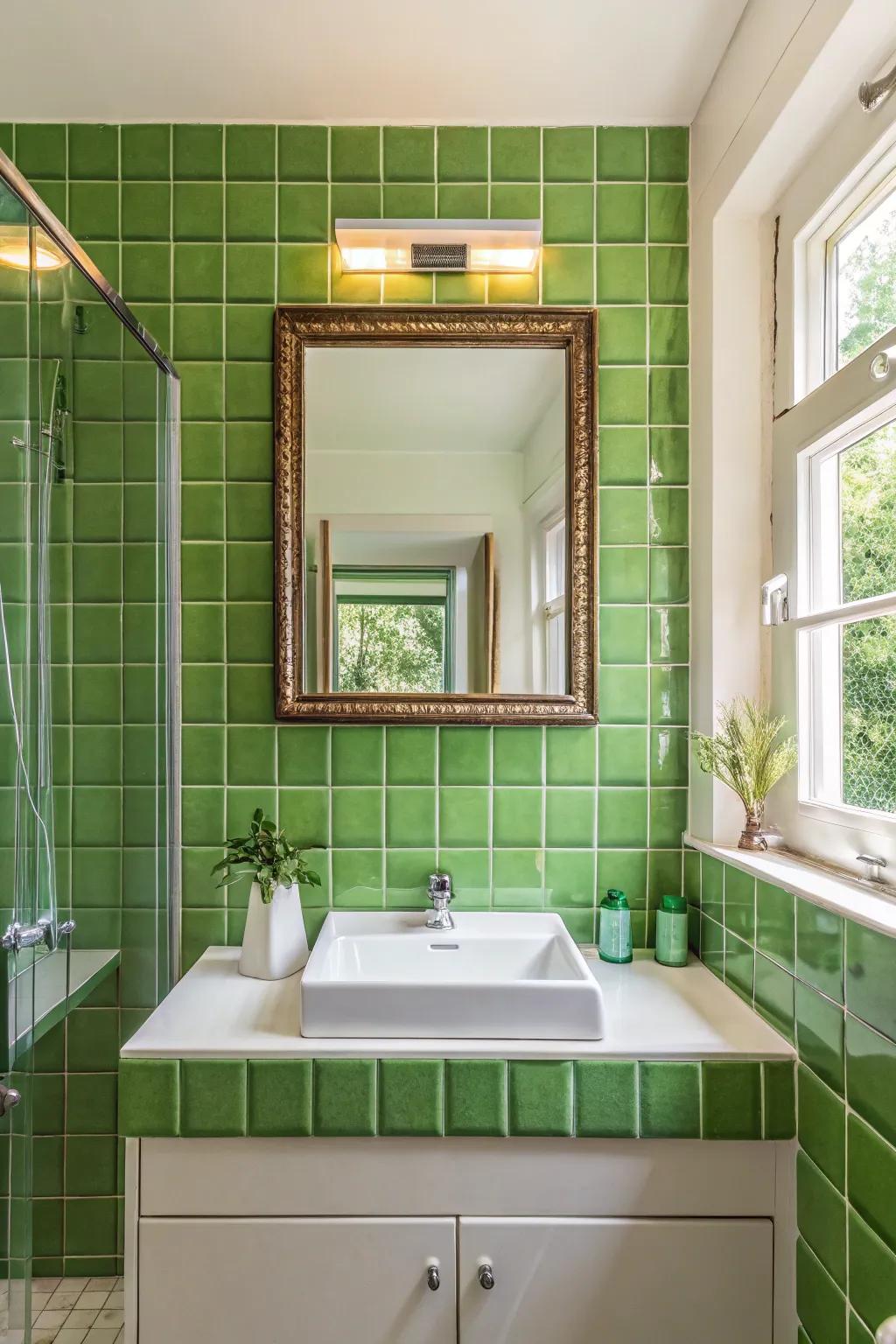 Framed mirrors in green tiles add artistic flair.