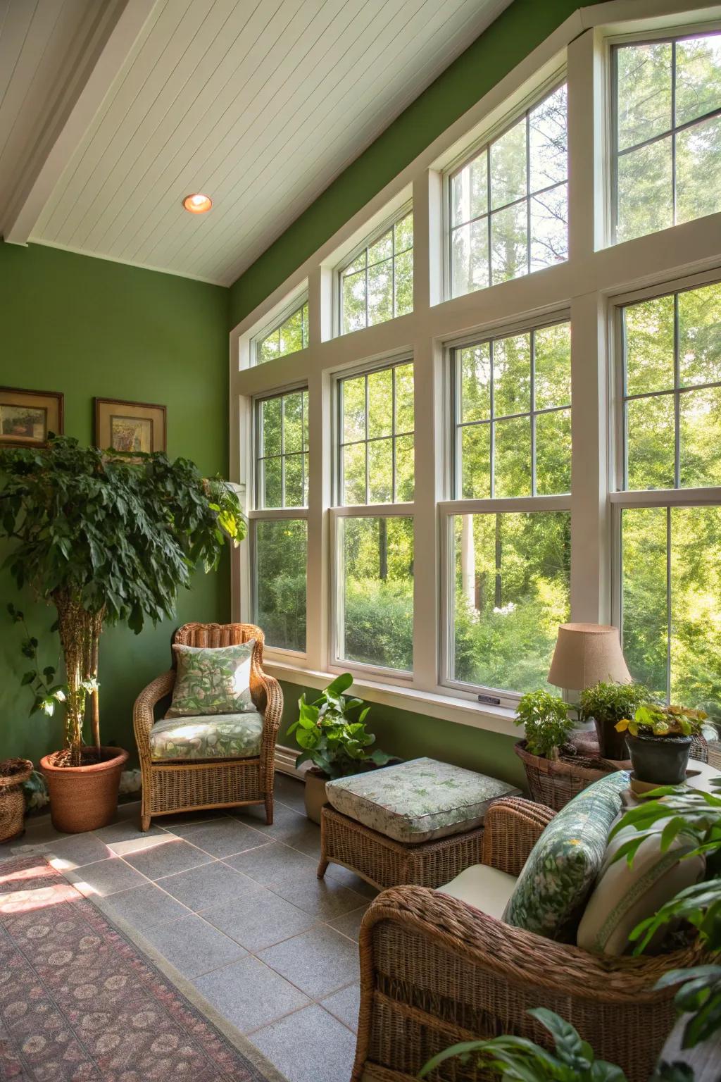 A bright room where a green wall thrives and brightens the space.