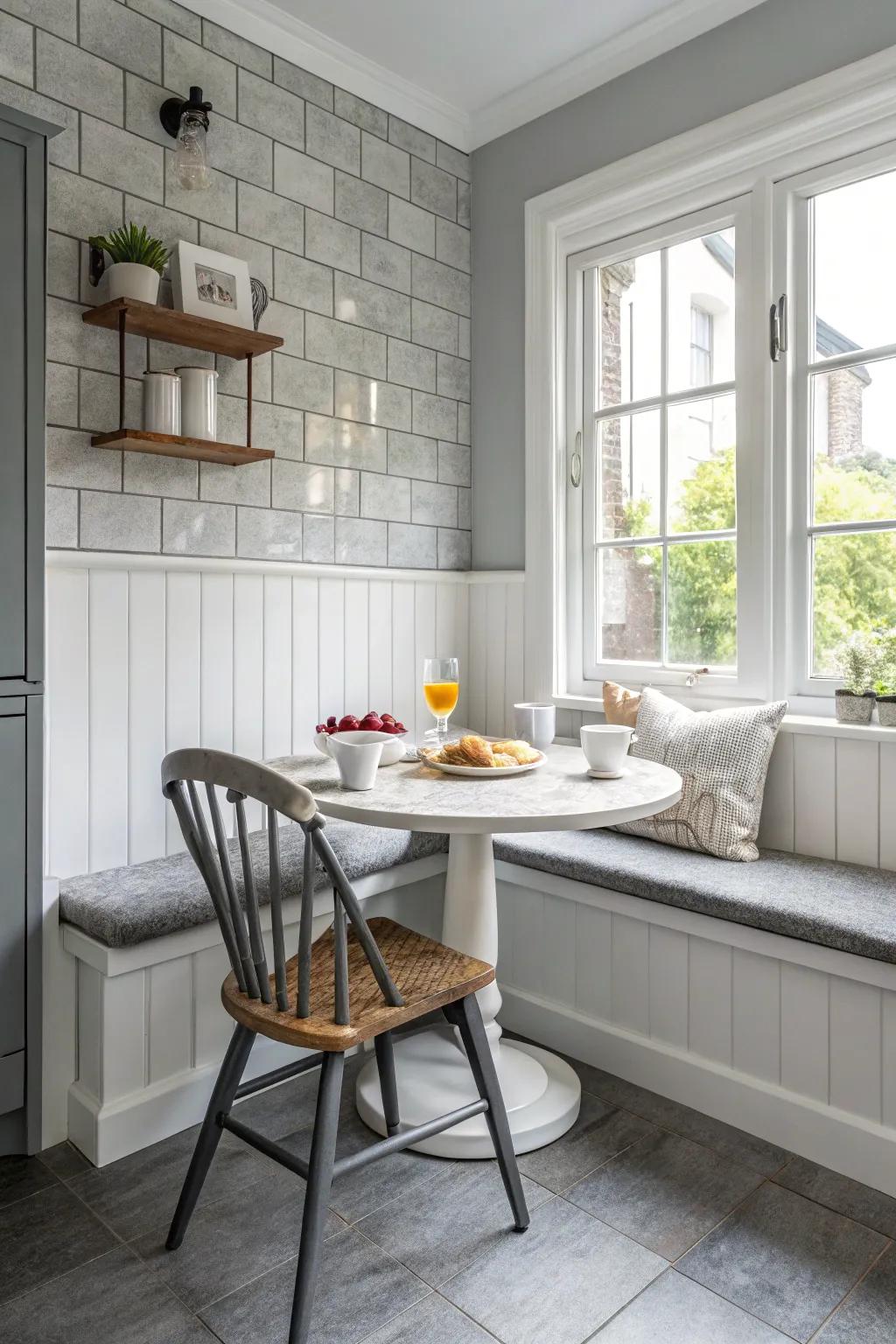 Snug dining corner featuring grey and white hues