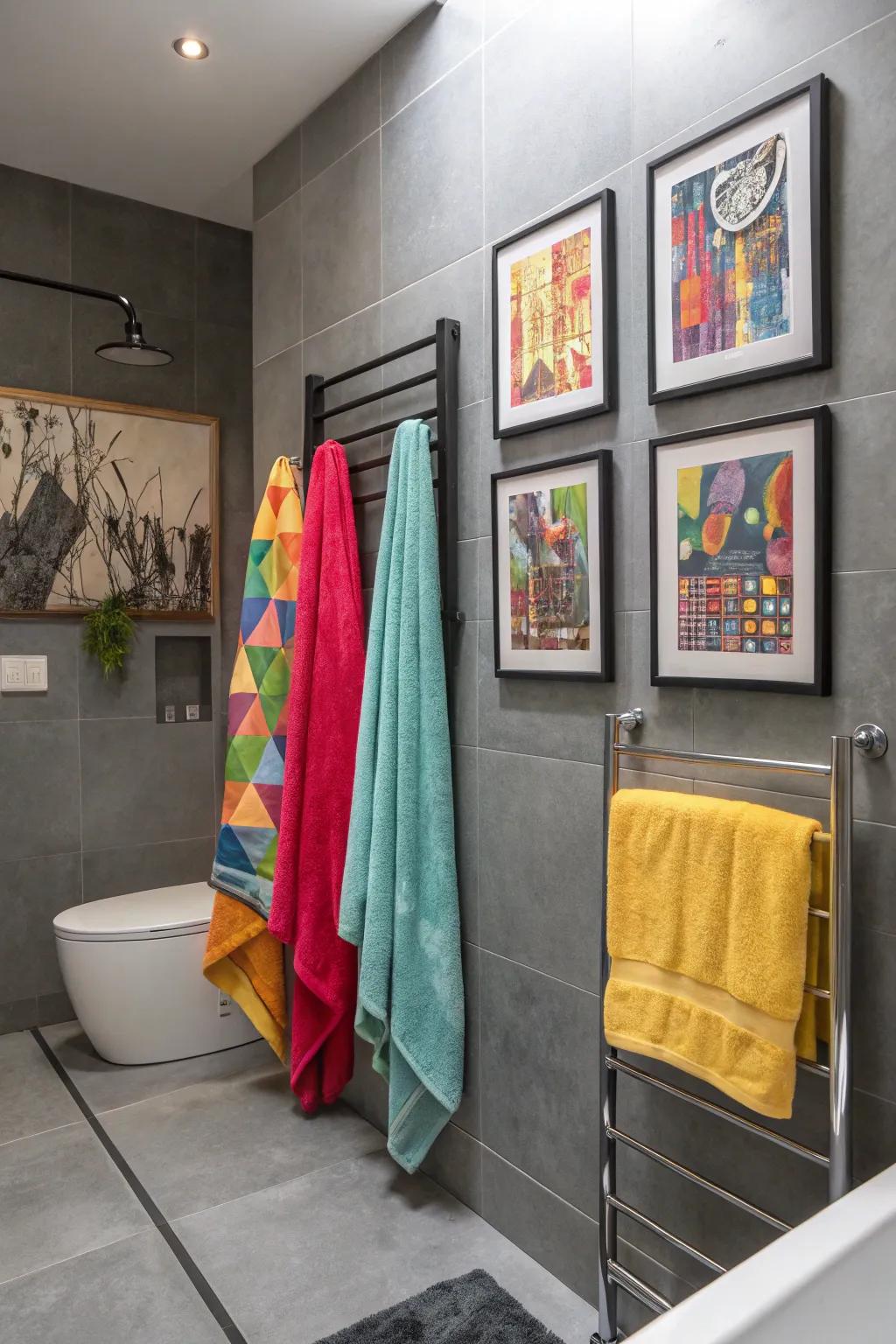 Bright accessories stand out beautifully against the grey decor.