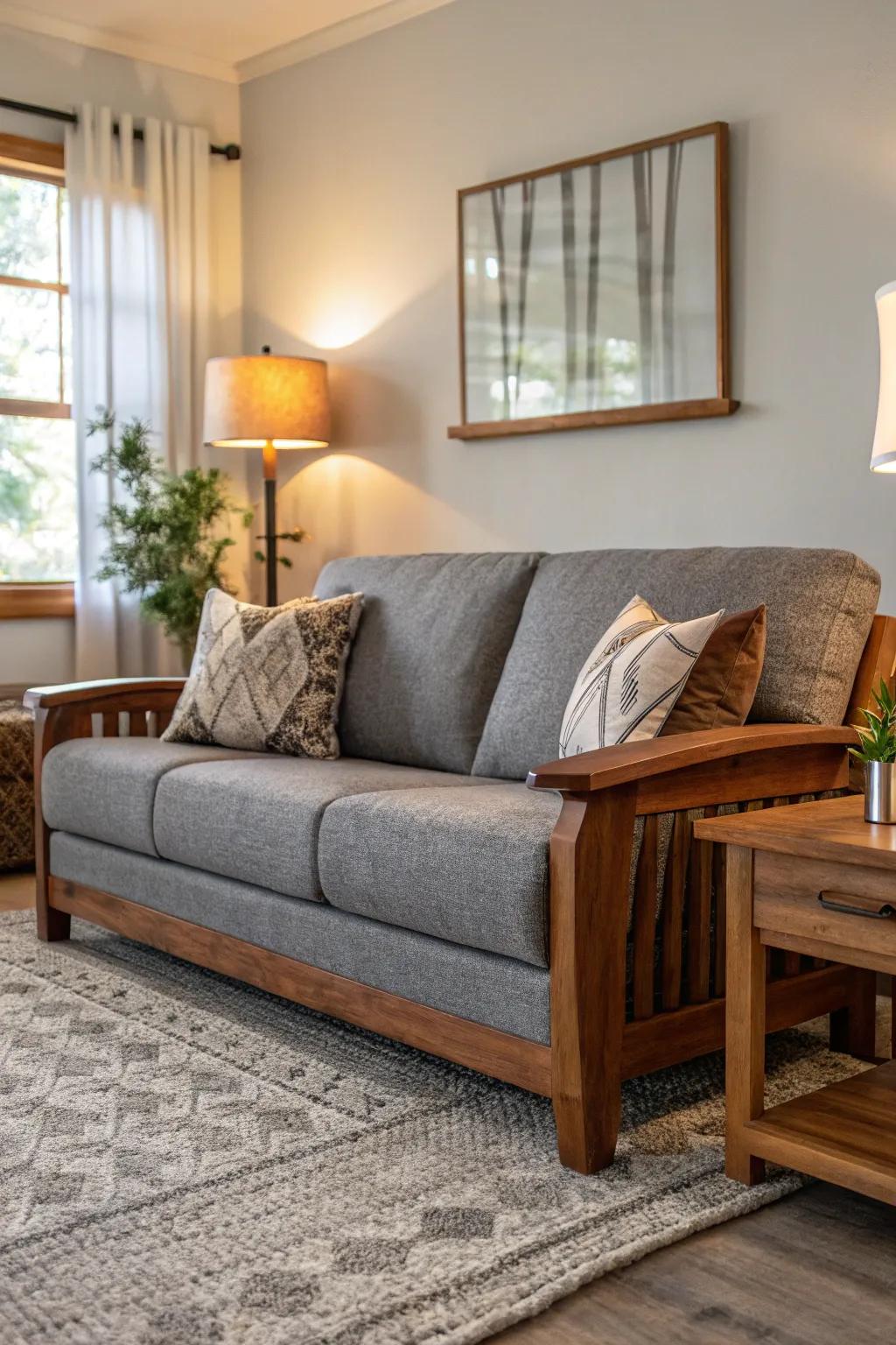 Rich wood tones complement the cool grey couch.