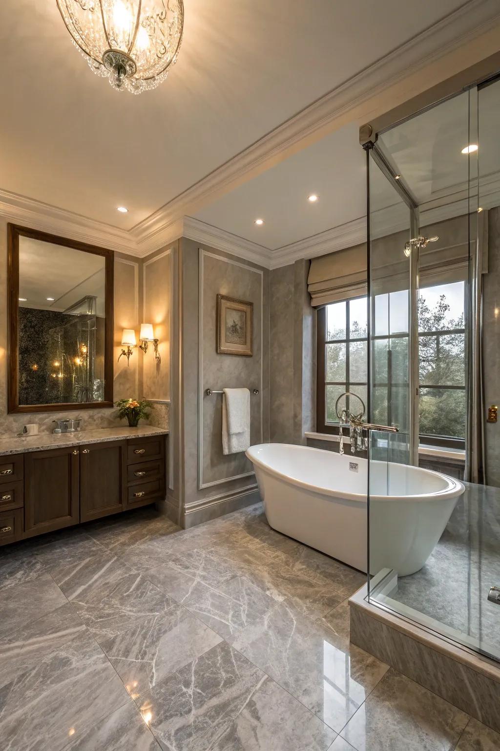 Grey marble floors create an opulent and lasting appearance in this bathroom.