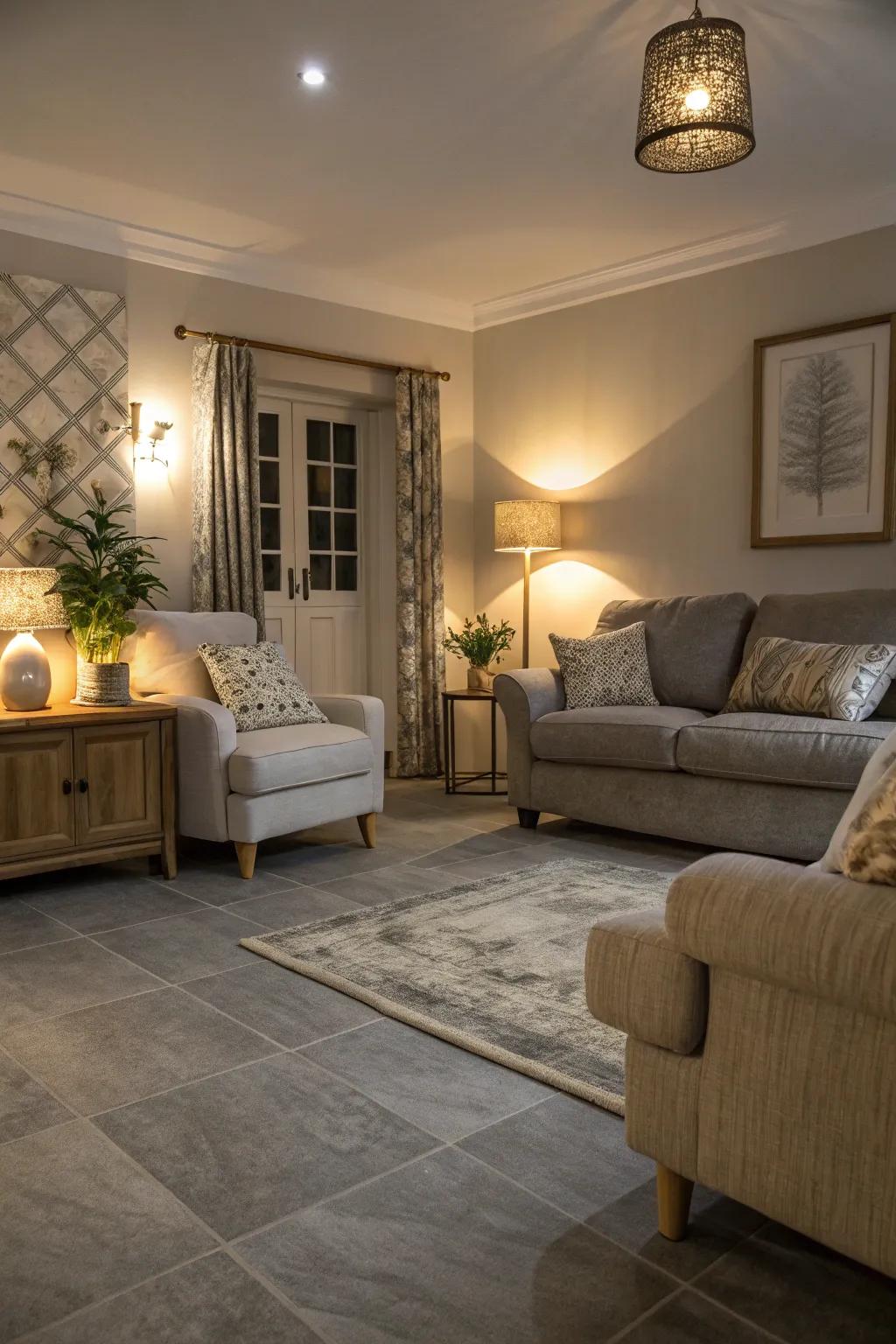 Soft lighting adds warmth to grey flooring.