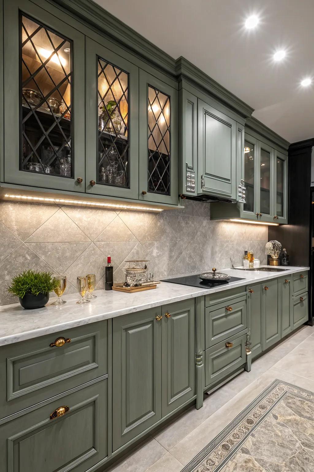 Dark accents evoke a moody atmosphere, perfectly complementing grey-green cabinets.