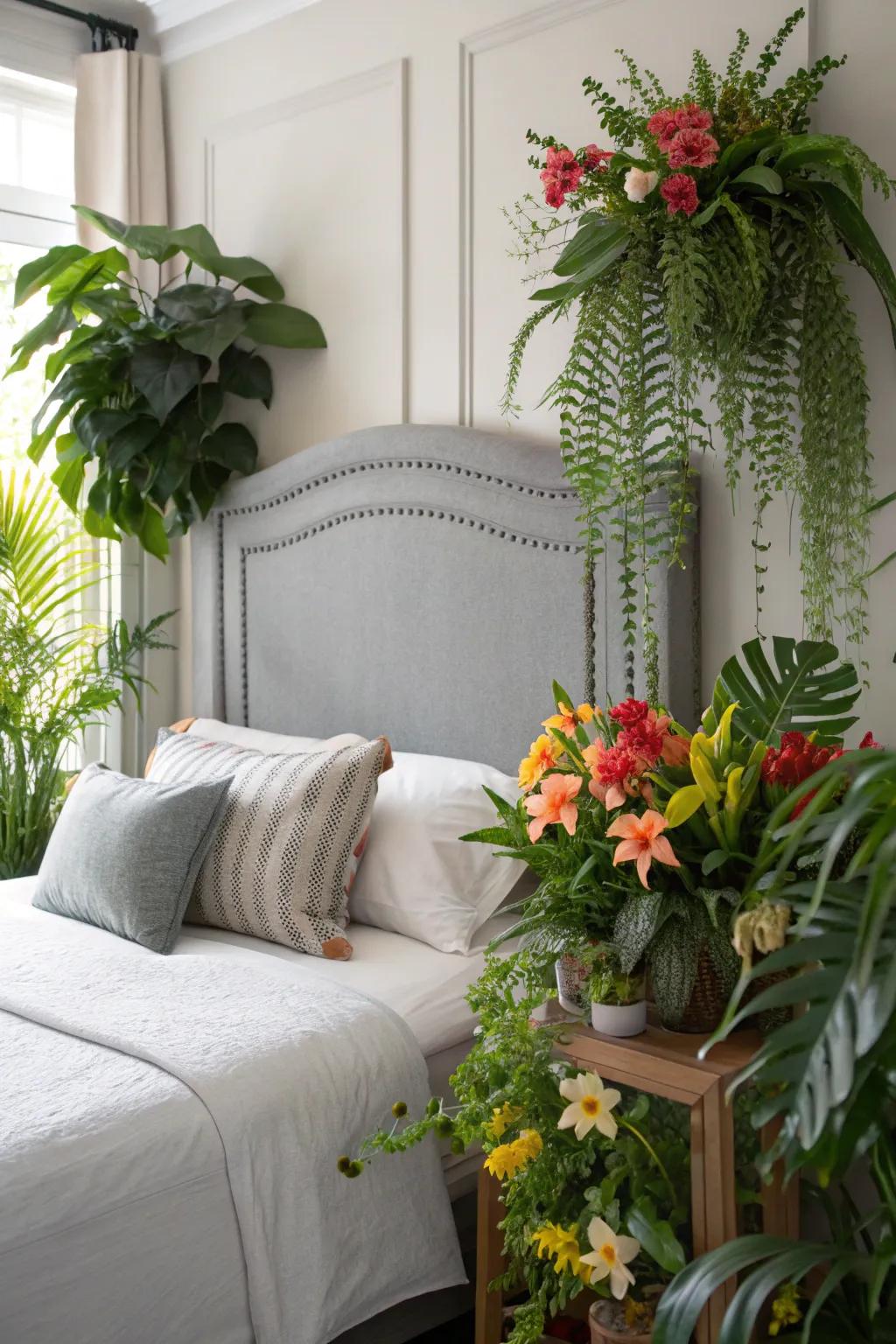 The natural world adds a calming touch to a bedroom with a grey headboard, decorated with greenery.