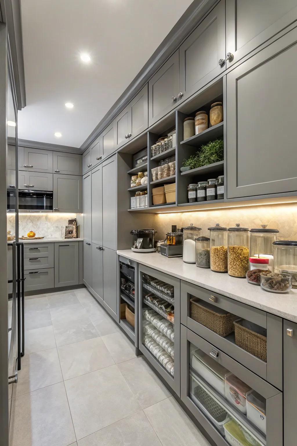 Efficient design ensures a grey kitchen remains orderly and functional.