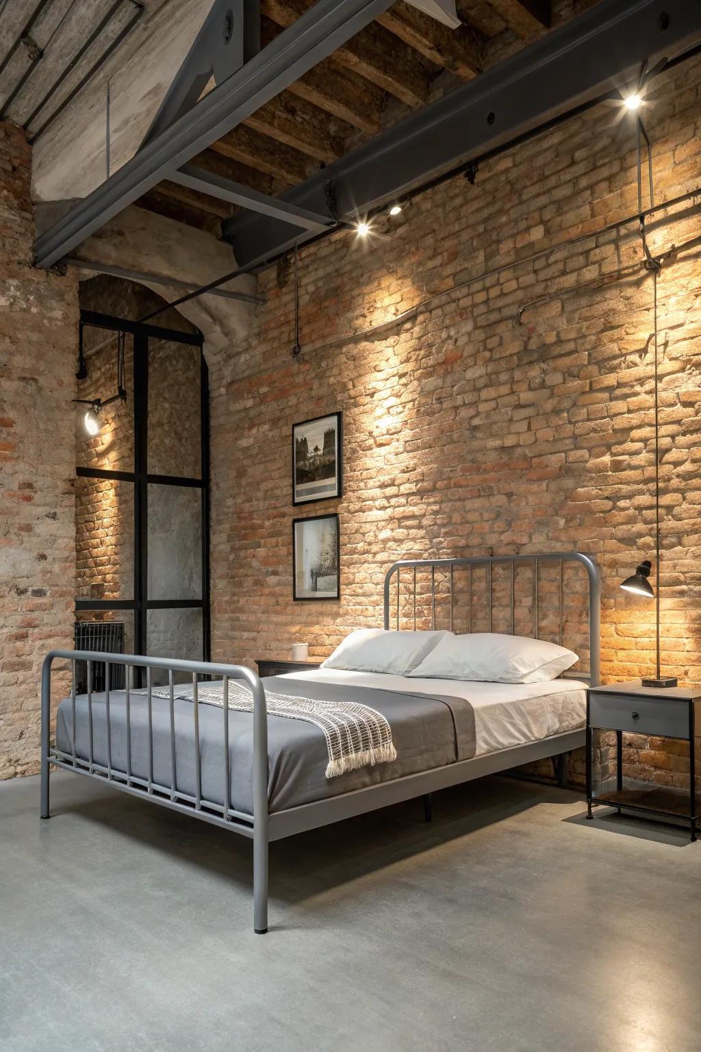 Witness the raw beauty of grey metal furniture harmonizing with exposed brick, creating an industrial edge.