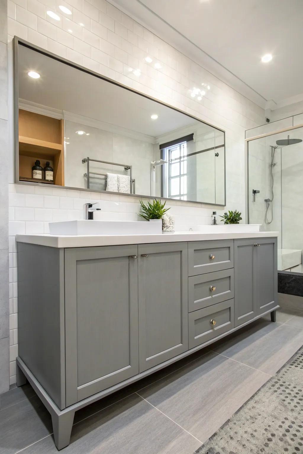 Floating vanities create an illusion of area in compact restrooms.