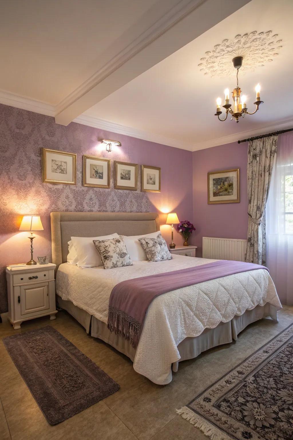 A calming guest room with soothing lavender tones.