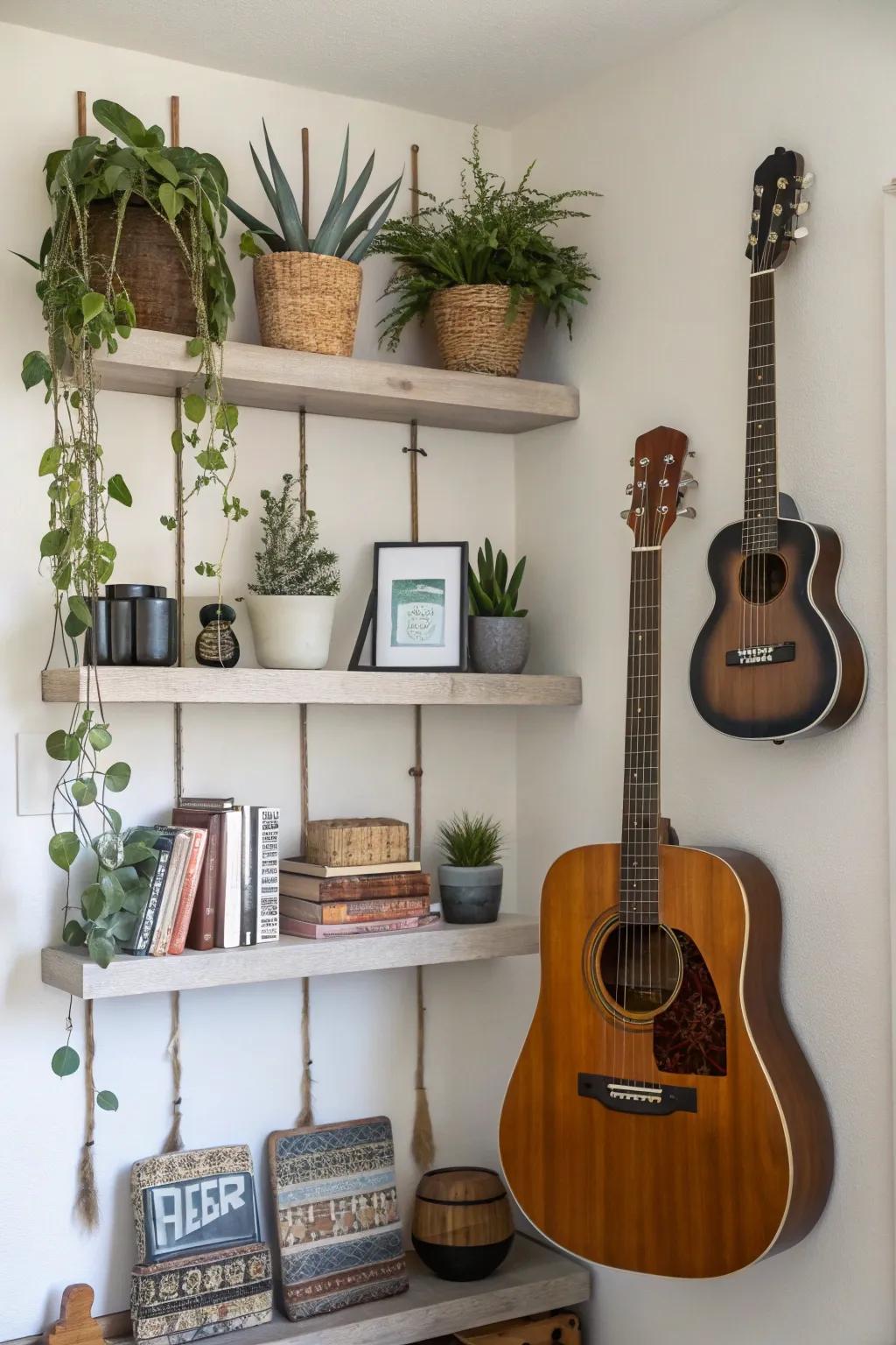 Guitars displayed with floating shelves for added interest.