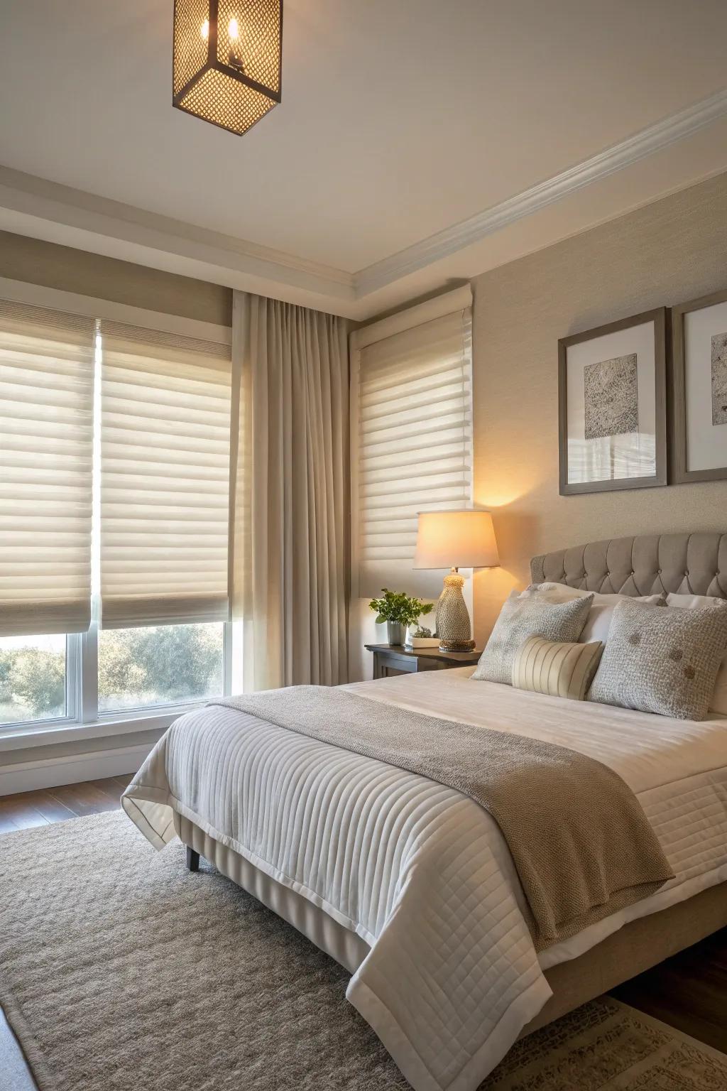 A serene bedroom featuring neutral pleated window fashions.