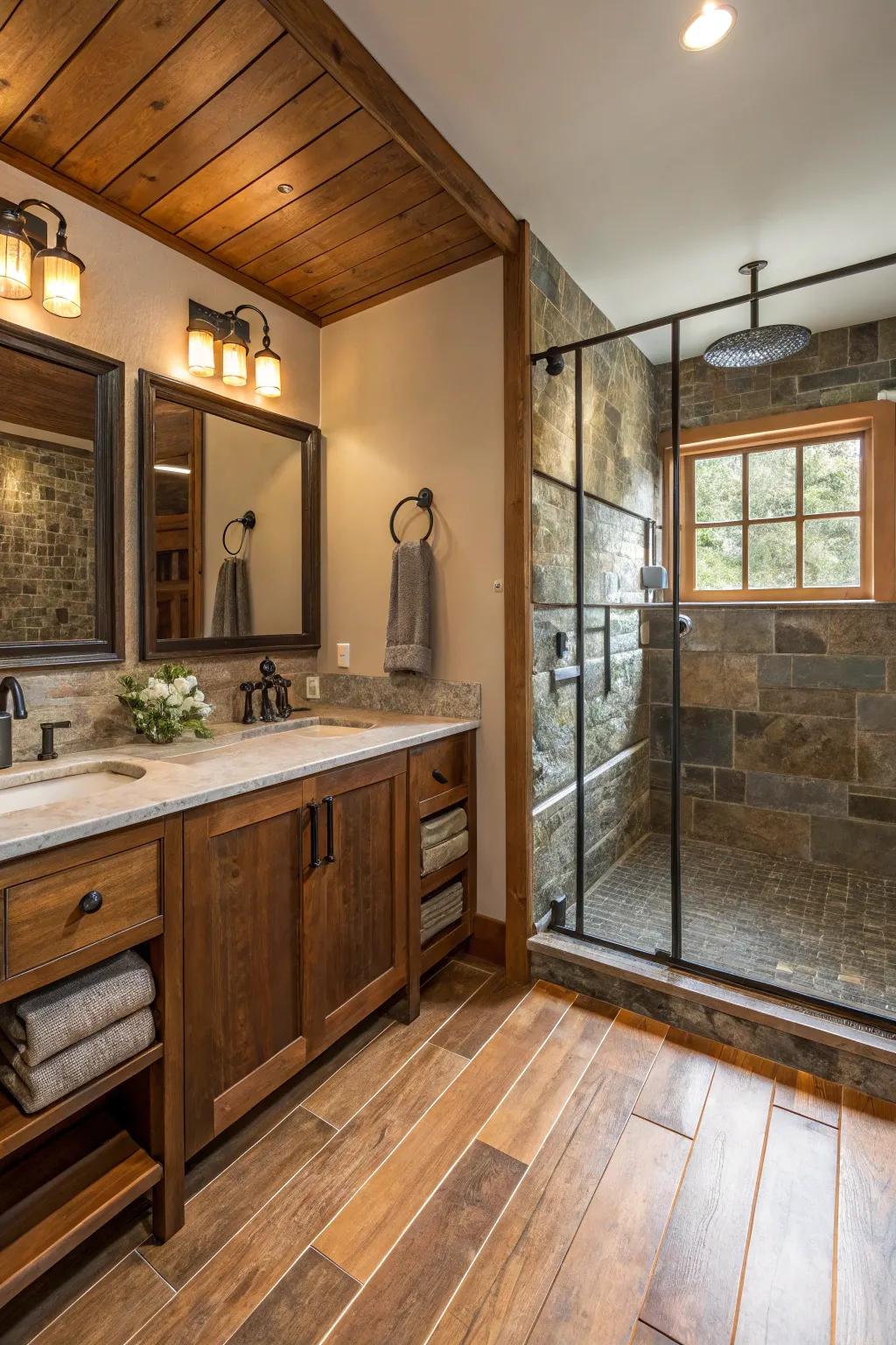 Mixed materials create a sophisticated and balanced look in a hall bathroom.
