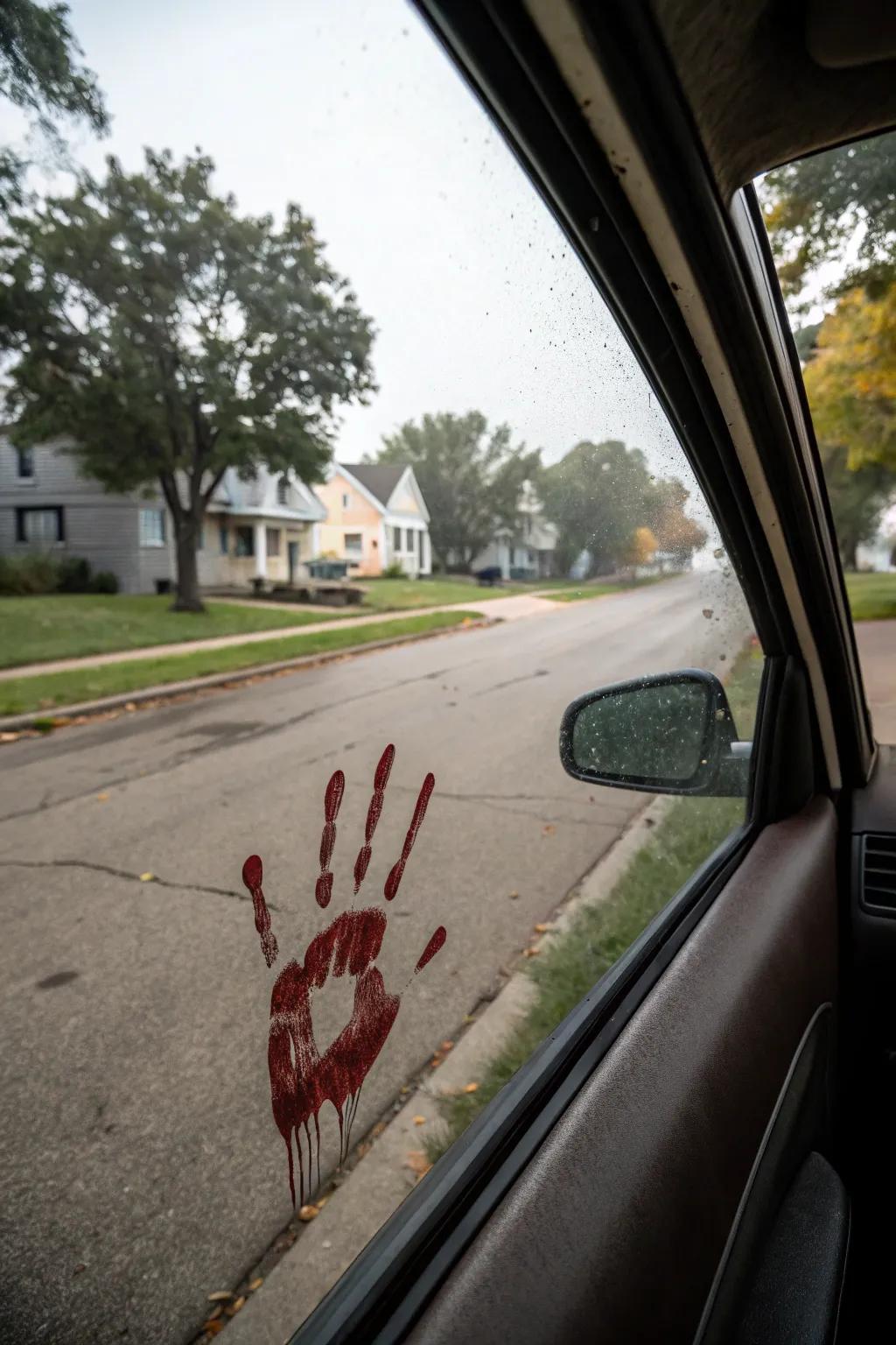 Bloody handprints introduce a frightening accent to your Halloween car decorations.