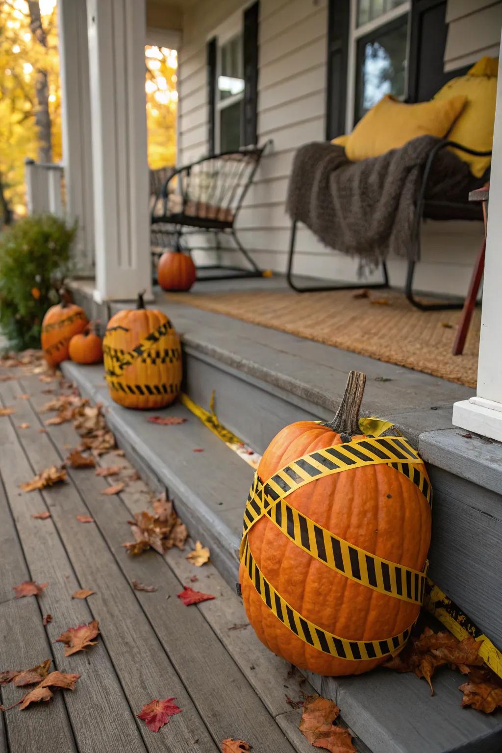 Pumpkins wrapped in warning ribbon for a spooky effect.