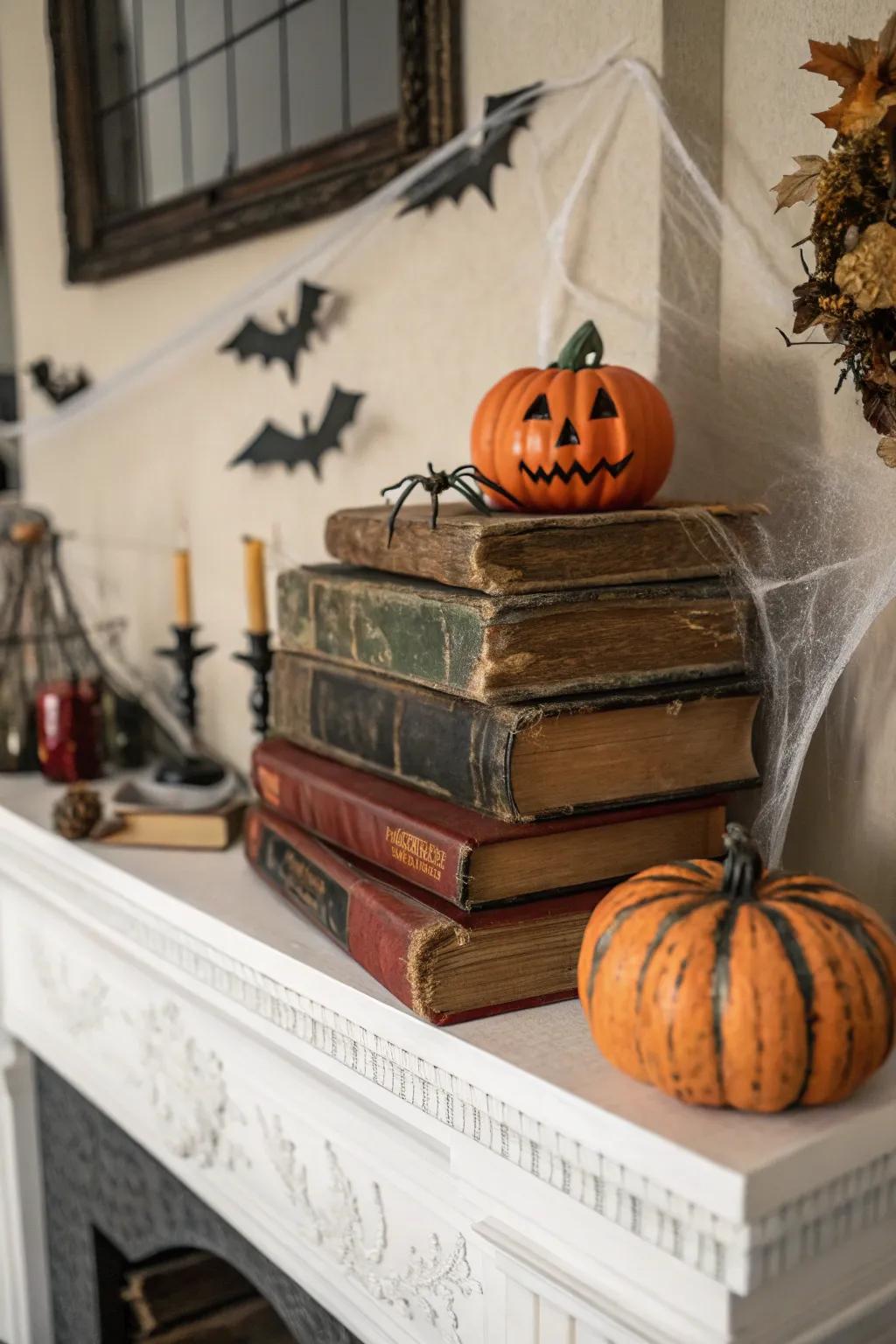 Retro tomes impart a scholarly, enigmatic nuance.