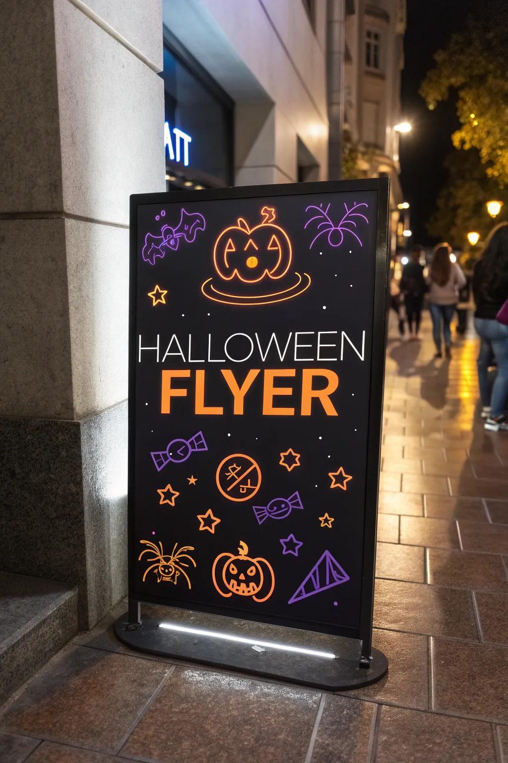 A modern neon-themed announcement adding a vibrant accent to Halloween festivities.