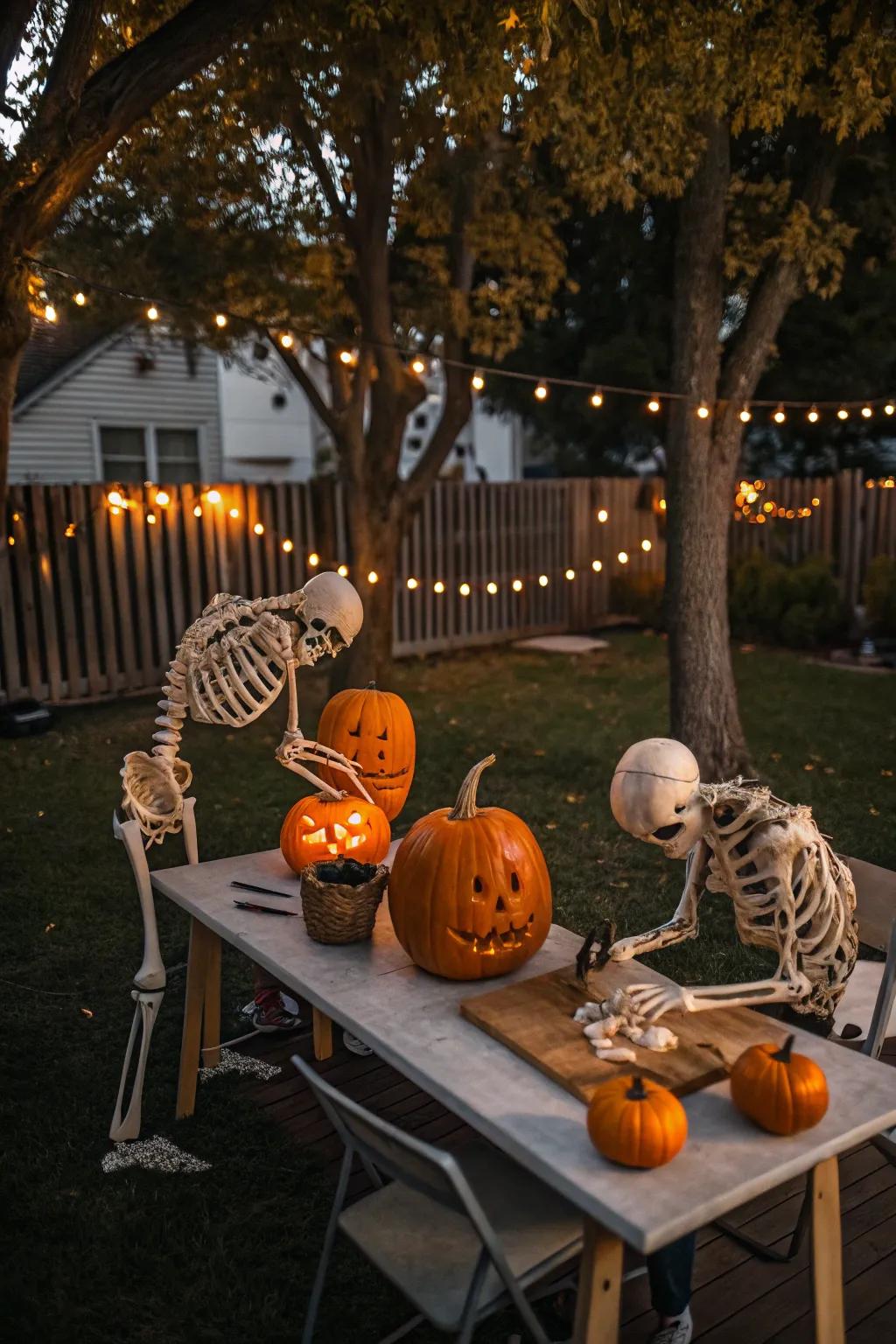 Pumpkin carving skeletons introduce a classic Halloween activity to your decorations.