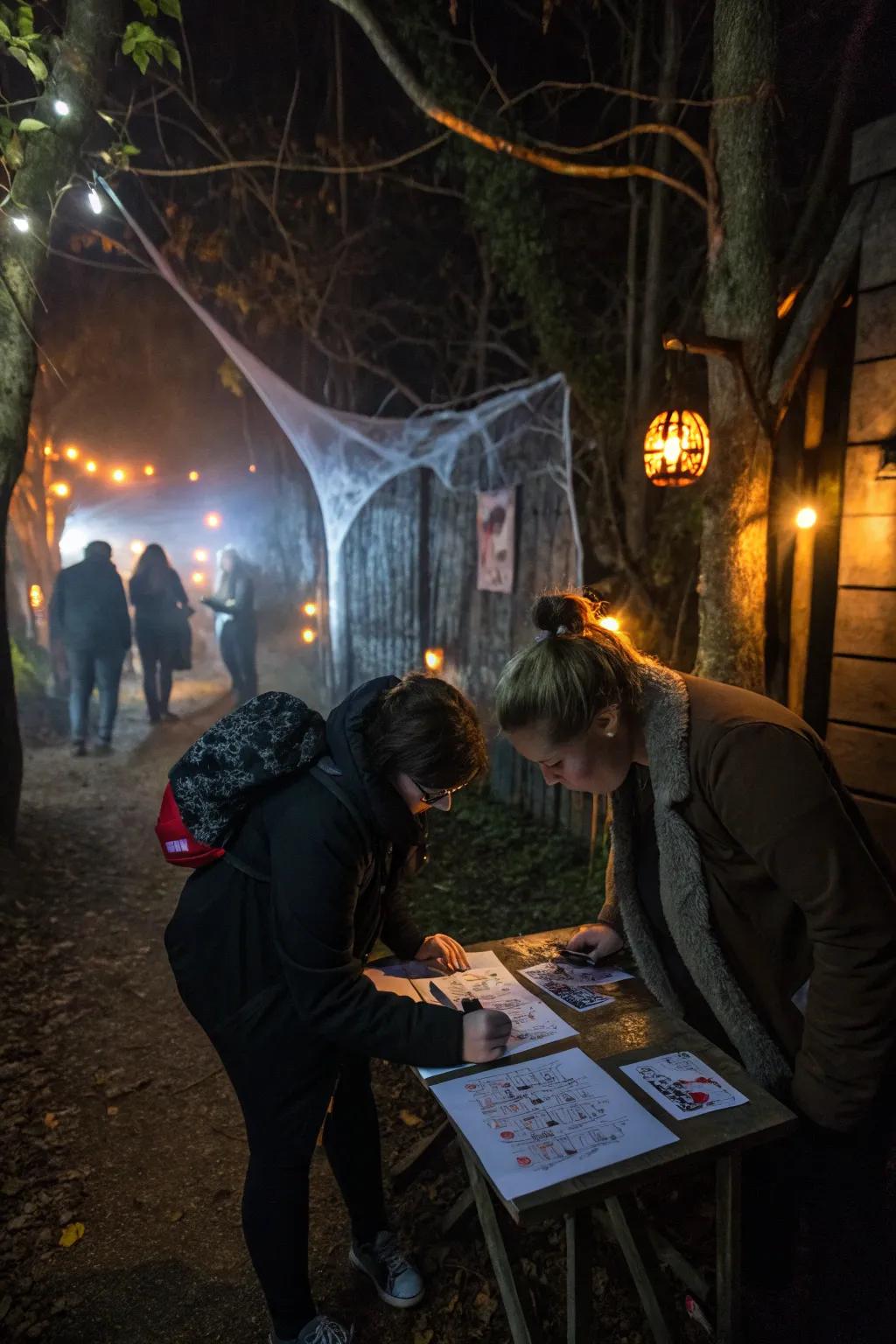 Interactive checkpoints challenge visitors with spooky puzzles.