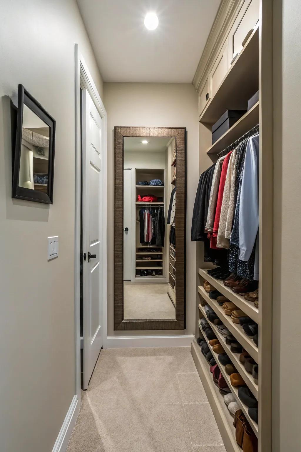 A reflective surface affixed on the interior of a corridor closet entryway for ease.