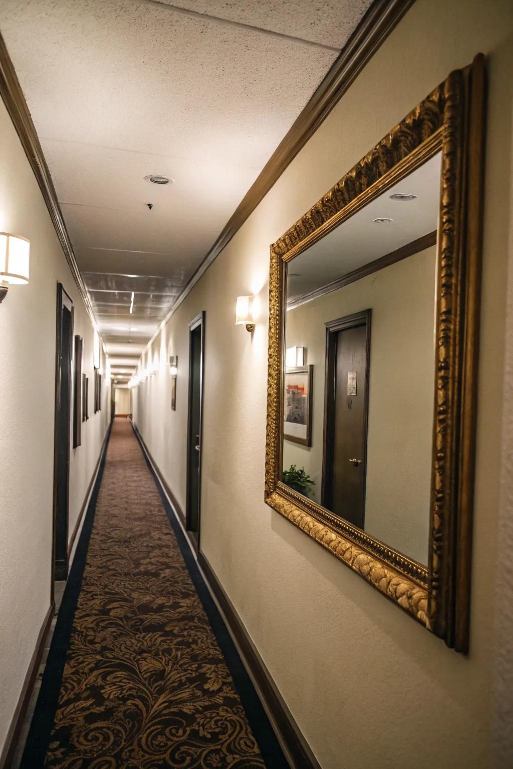 Side wall mirrors amplify depth and light in tight spaces.