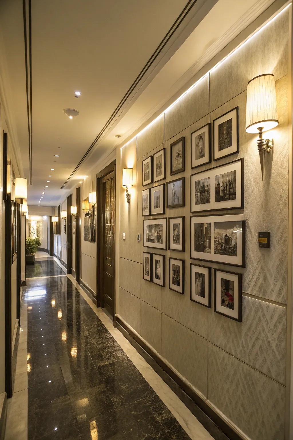 Illuminating your photo wall adds warmth and focus.