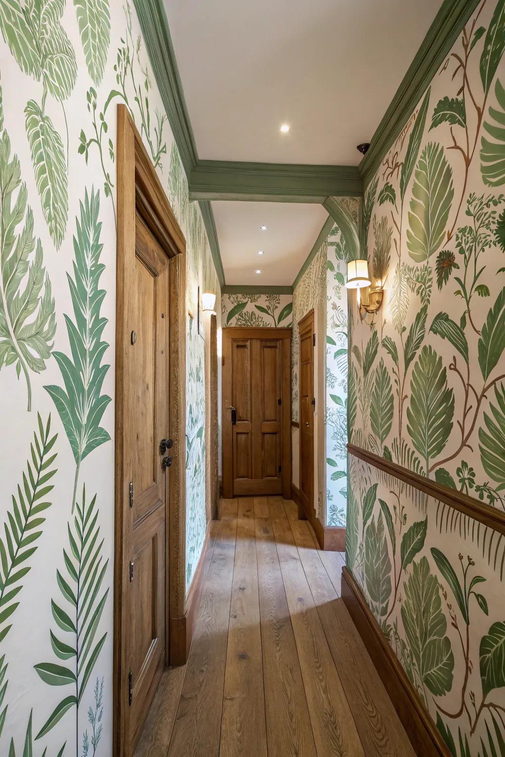 A corridor that celebrates ecology with foliage motif paper.