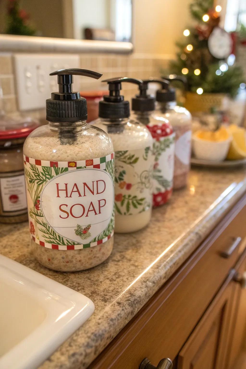 Homemade hand soap displayed in festive containers