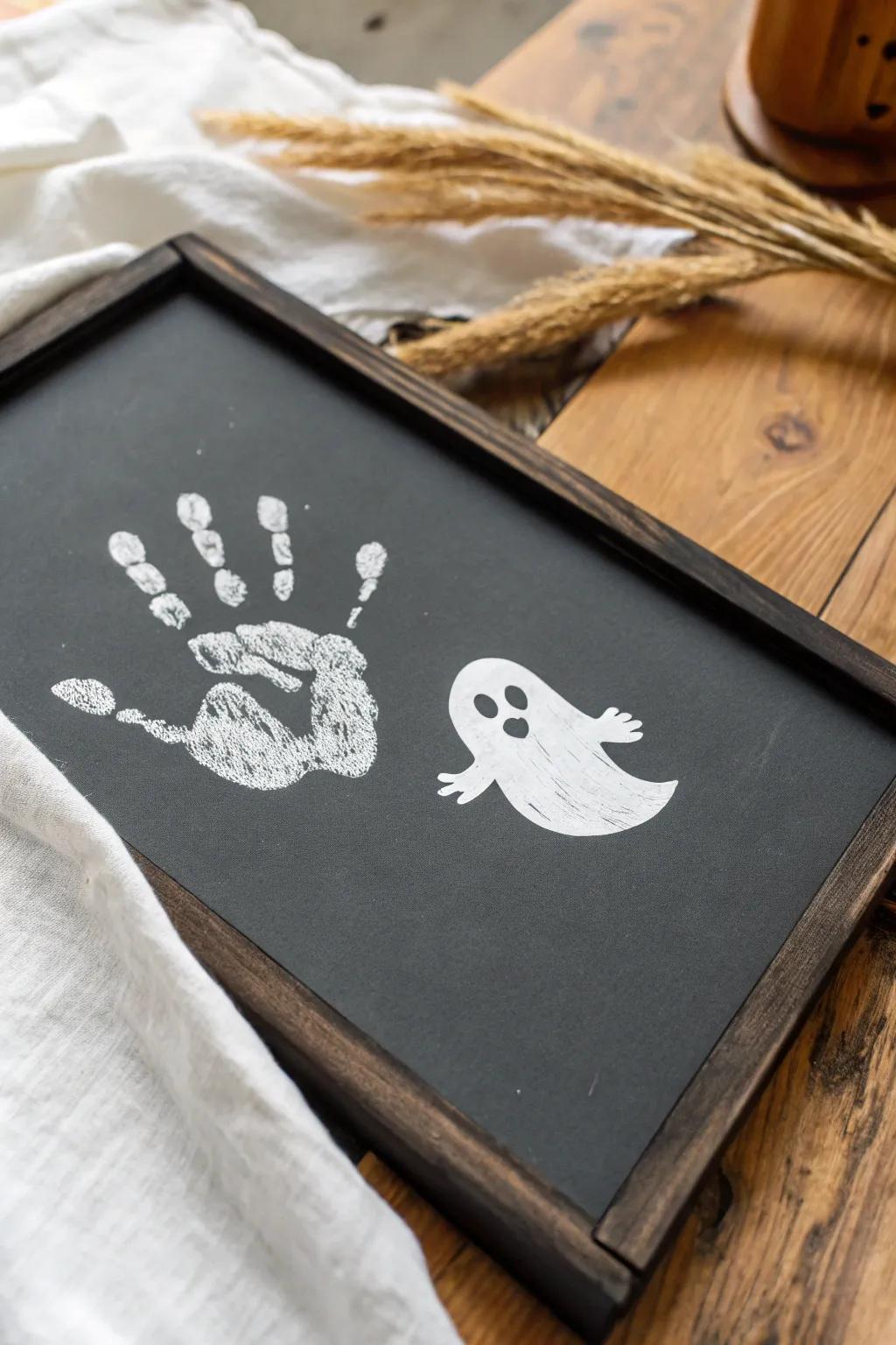 Minimalist Halloween Charm: Transform baby handprints into adorable ghostly art!
