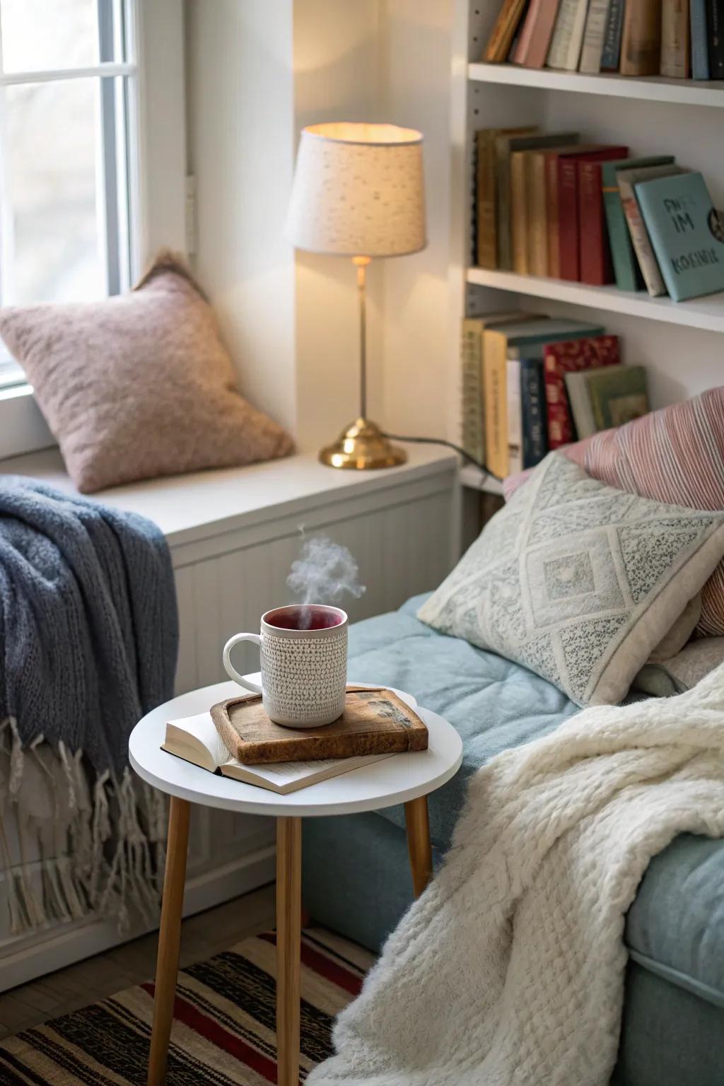 A snug alcove impeccable for unwinding with comforting beverages.