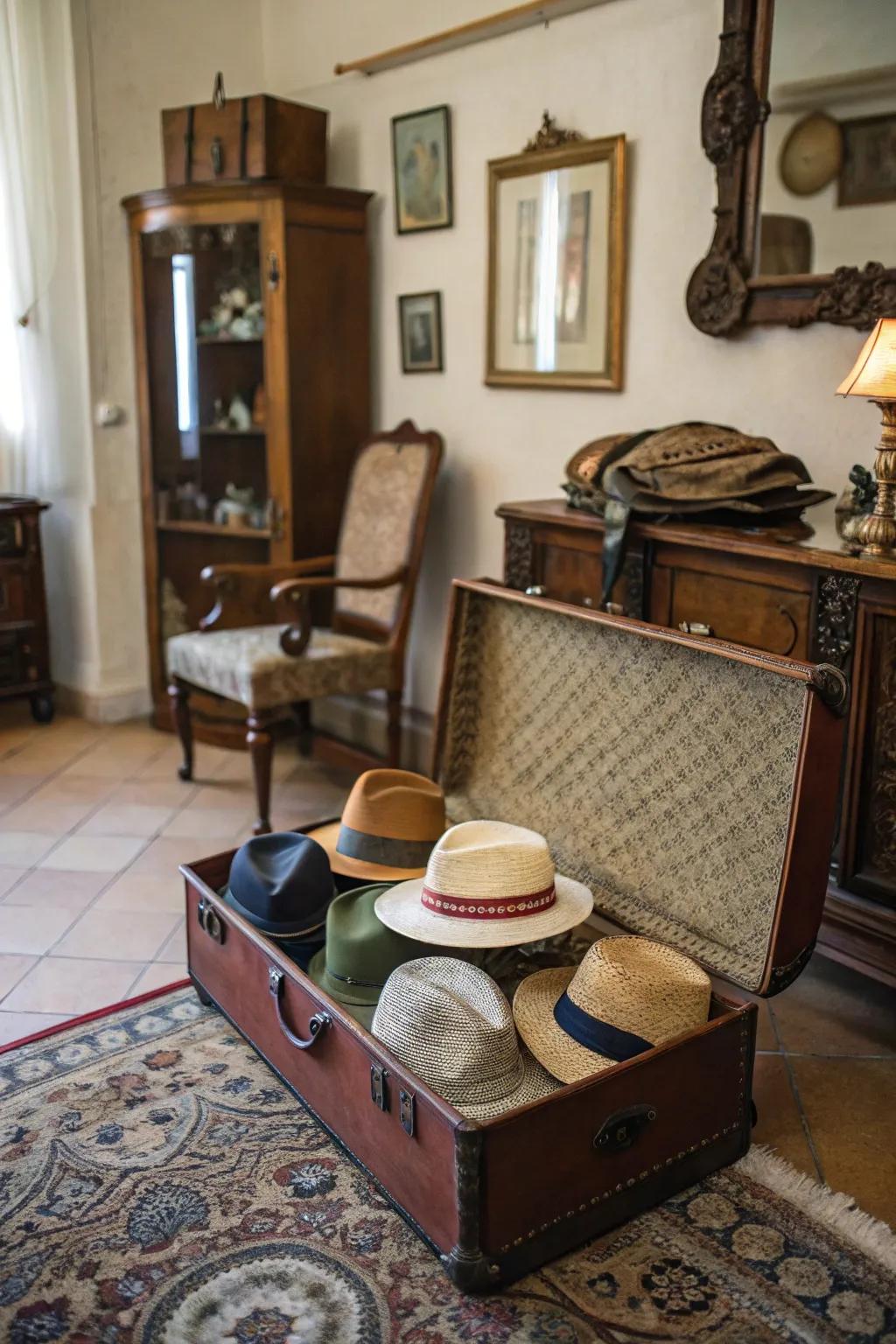 Hats stored in suitcase.