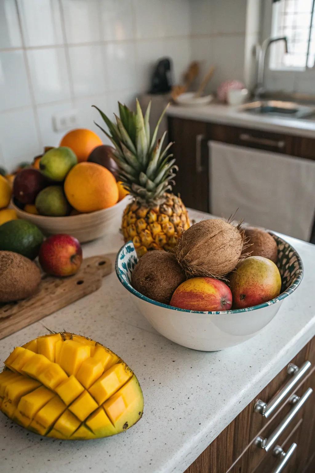 Tropical fruit displays add color and freshness to your kitchen.