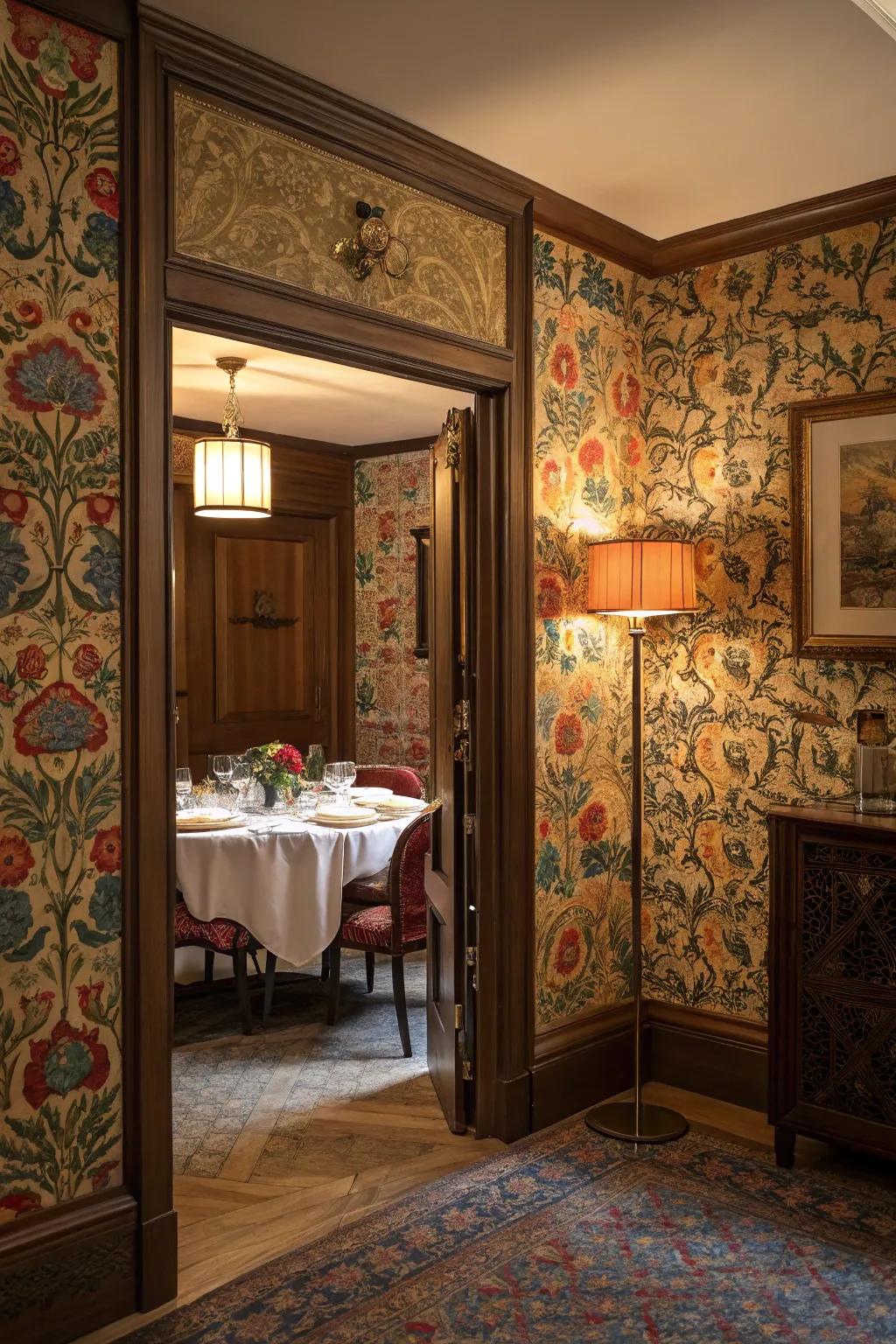 A dining space where a hidden door is camouflaged using wallpaper.