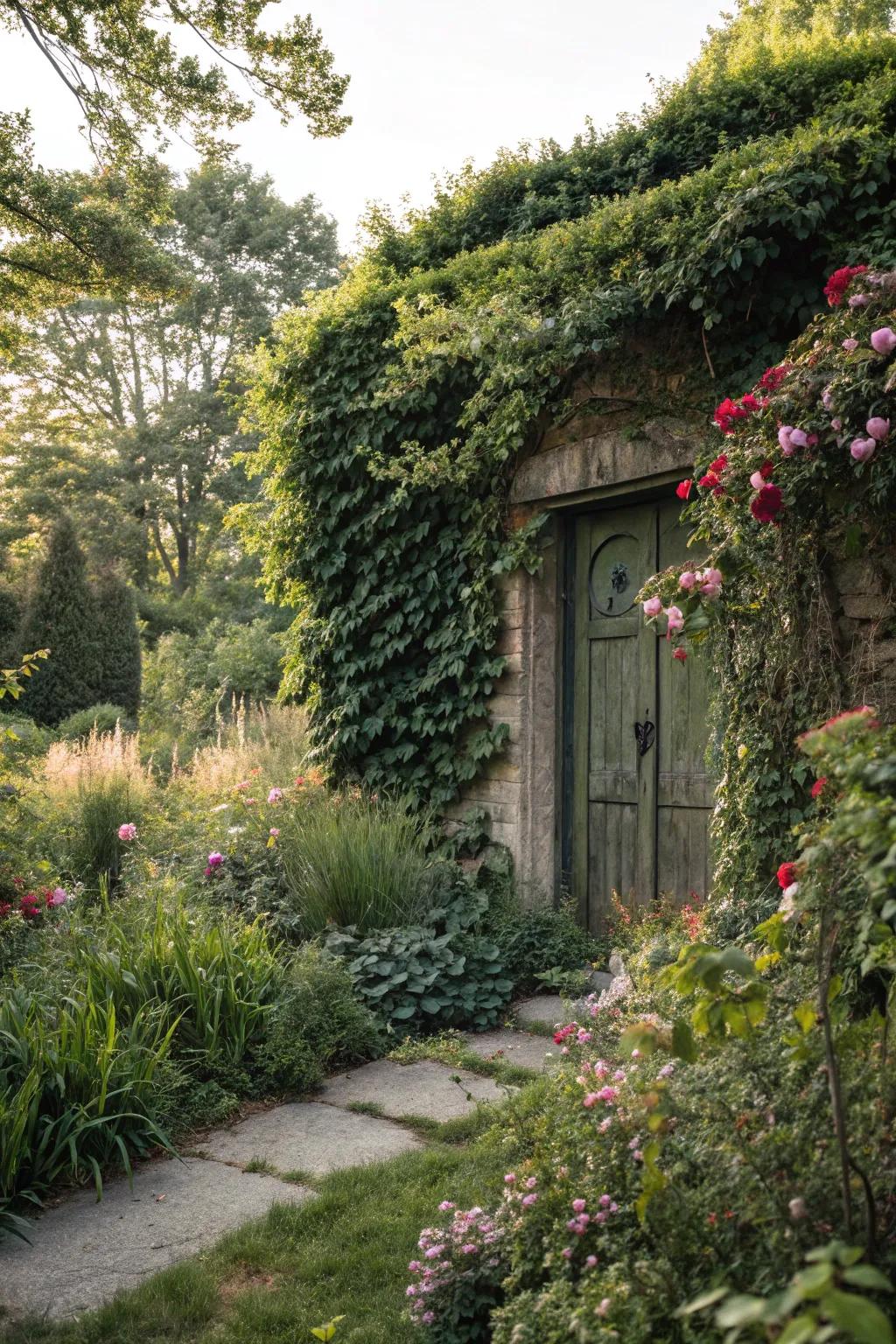 Nature conceals a door using lush greenery.
