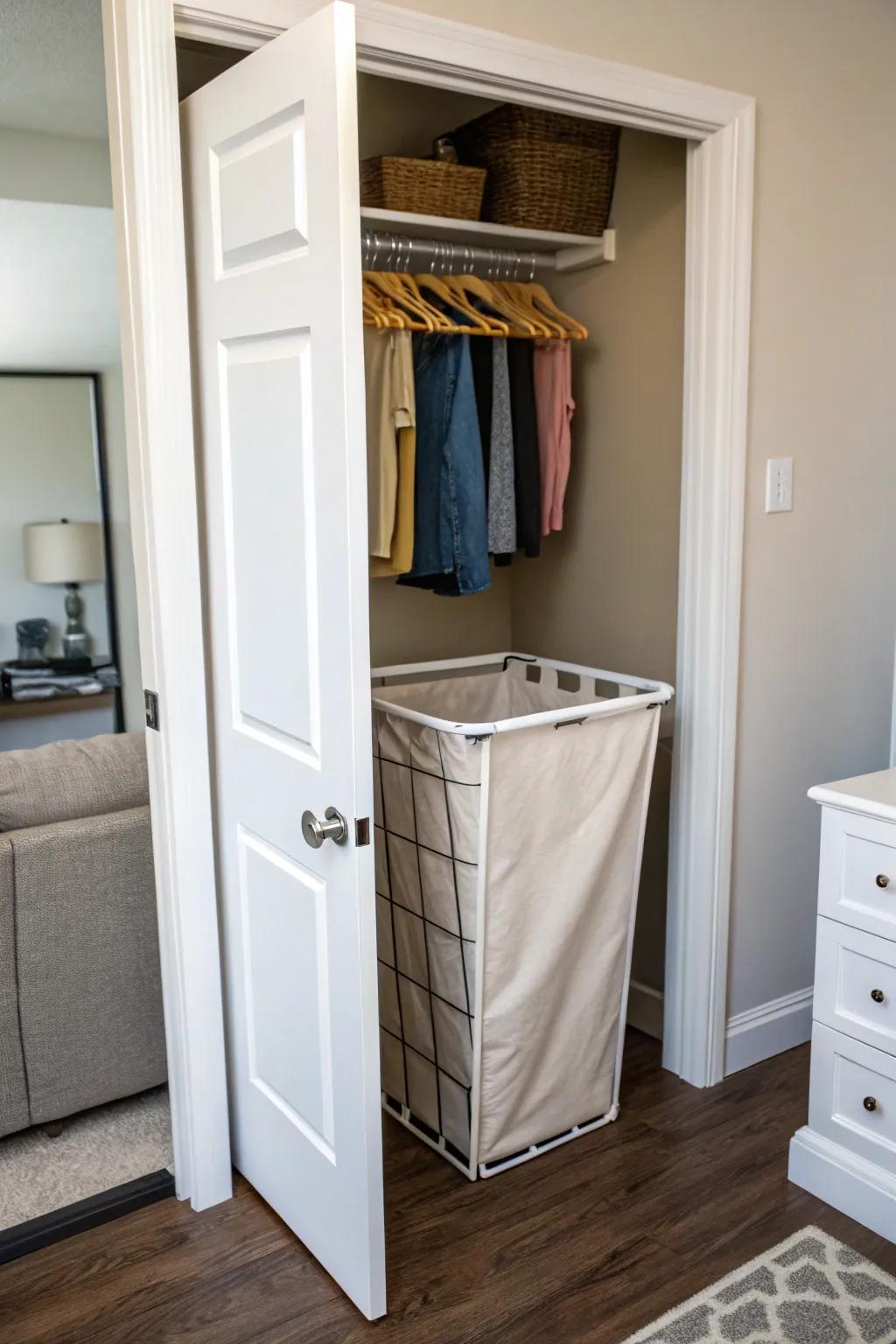 Use hanging hampers to maximize closet space.