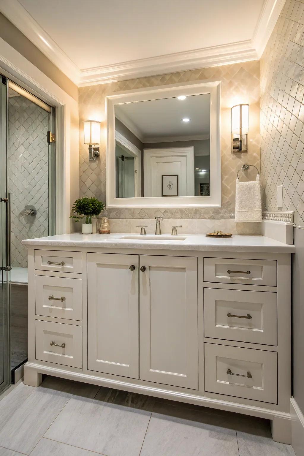 A custom vanity featuring a smartly incorporated hidden cabinet.