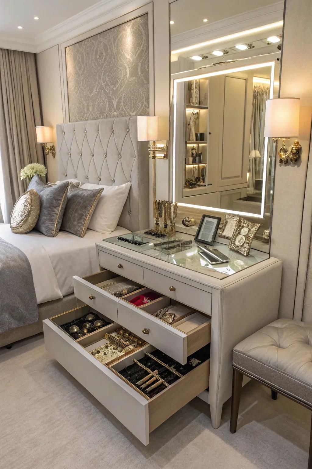 Elegant mirror with concealed storage for jewelry