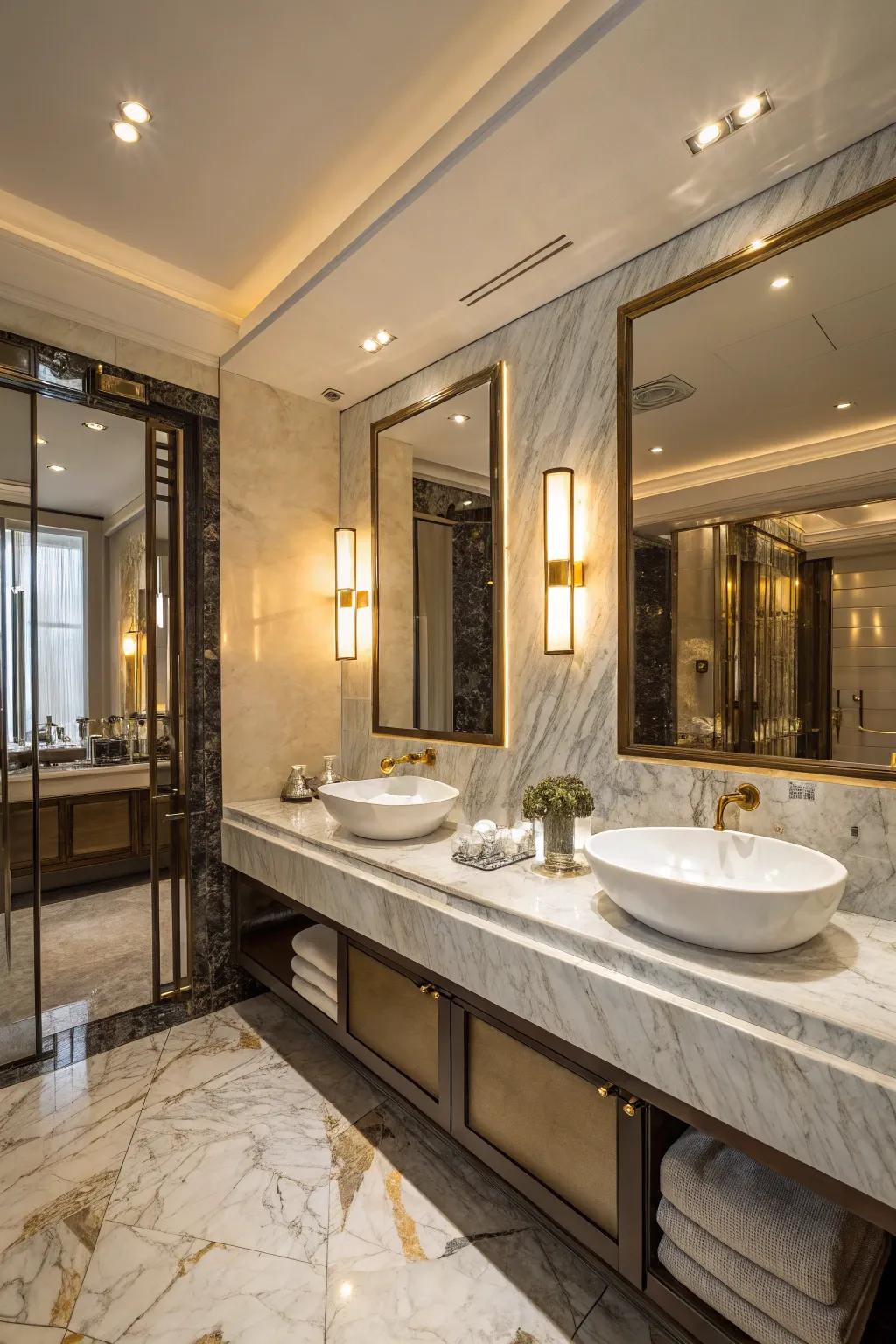 A lavish bathroom design that features gorgeous stone elements.