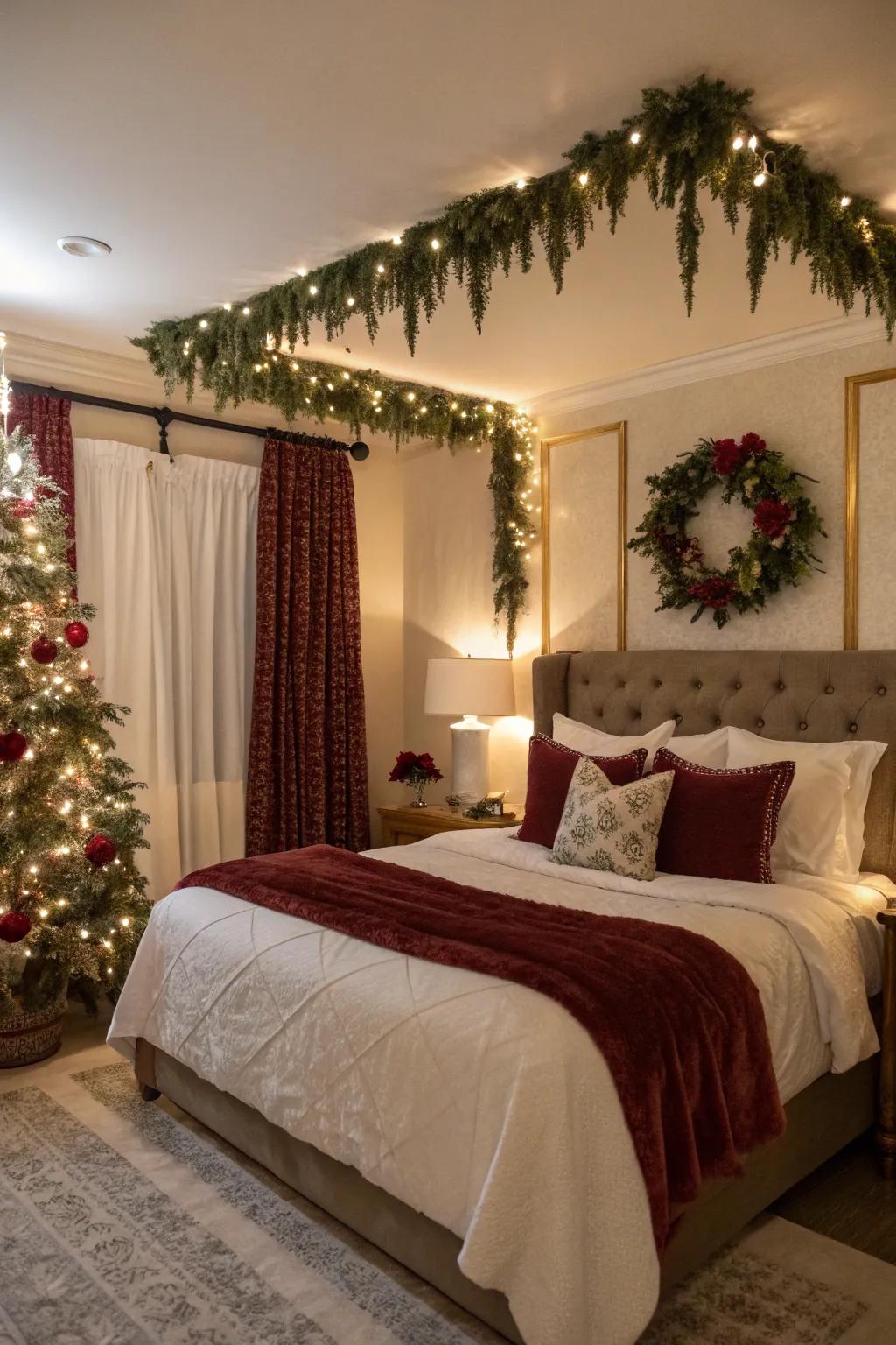 A snug sleeping quarters retreat featuring festive embellishments.