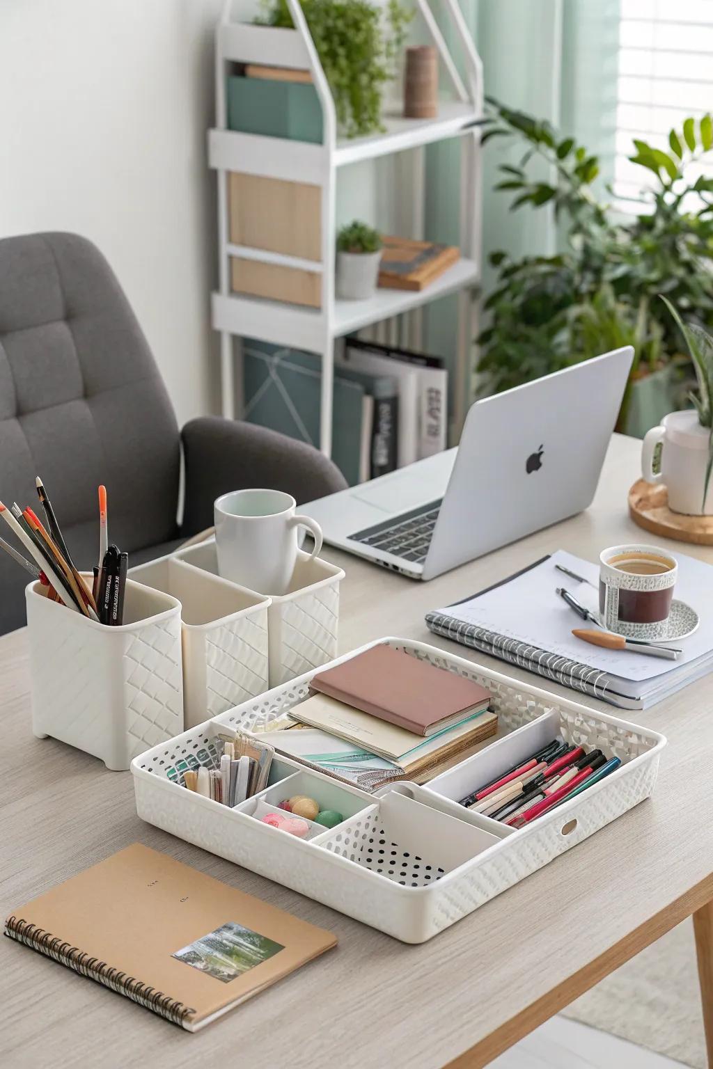 A neat and organized home office enhanced by stylish organizers.