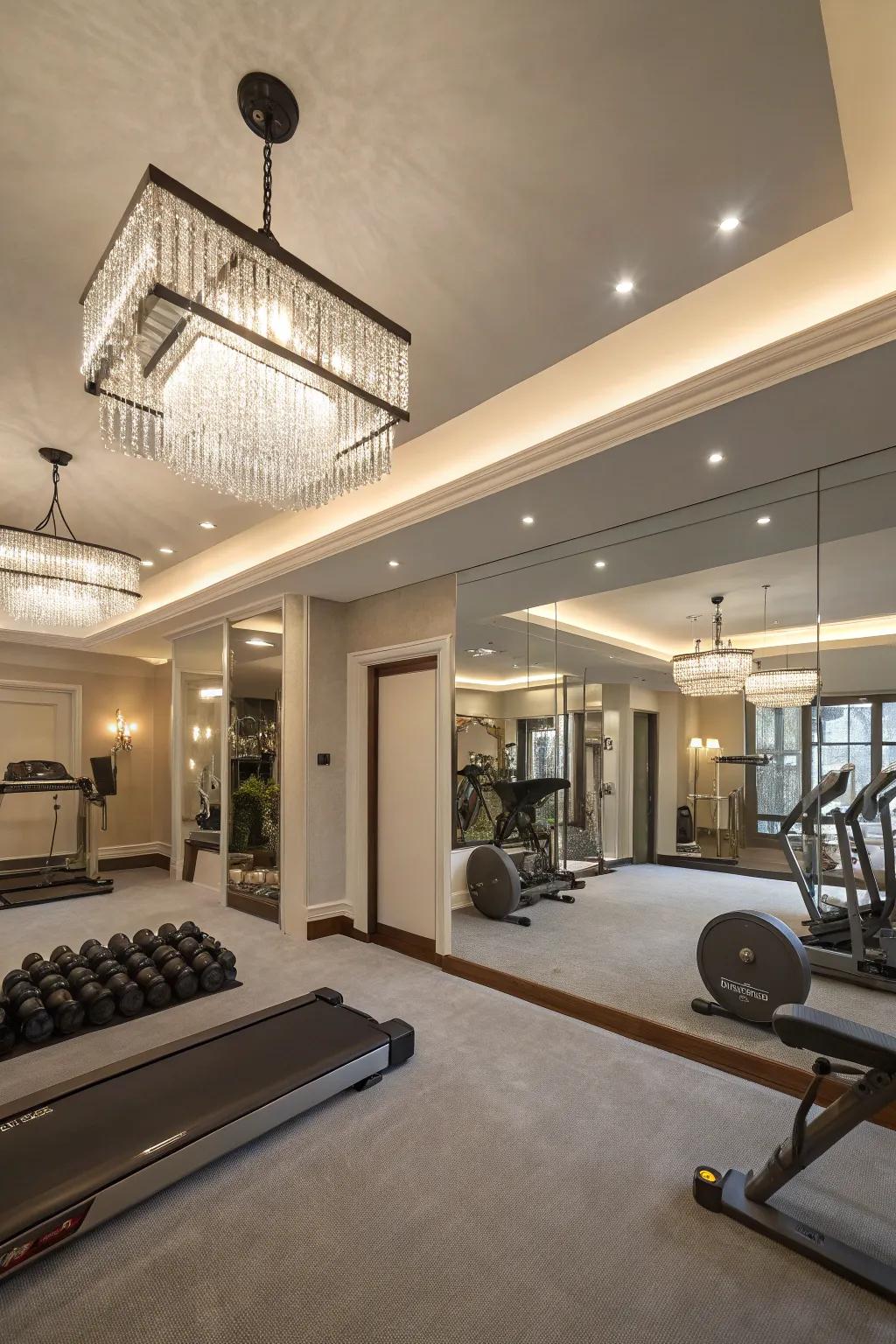Modern lighting highlights mirrors and adds elegance.