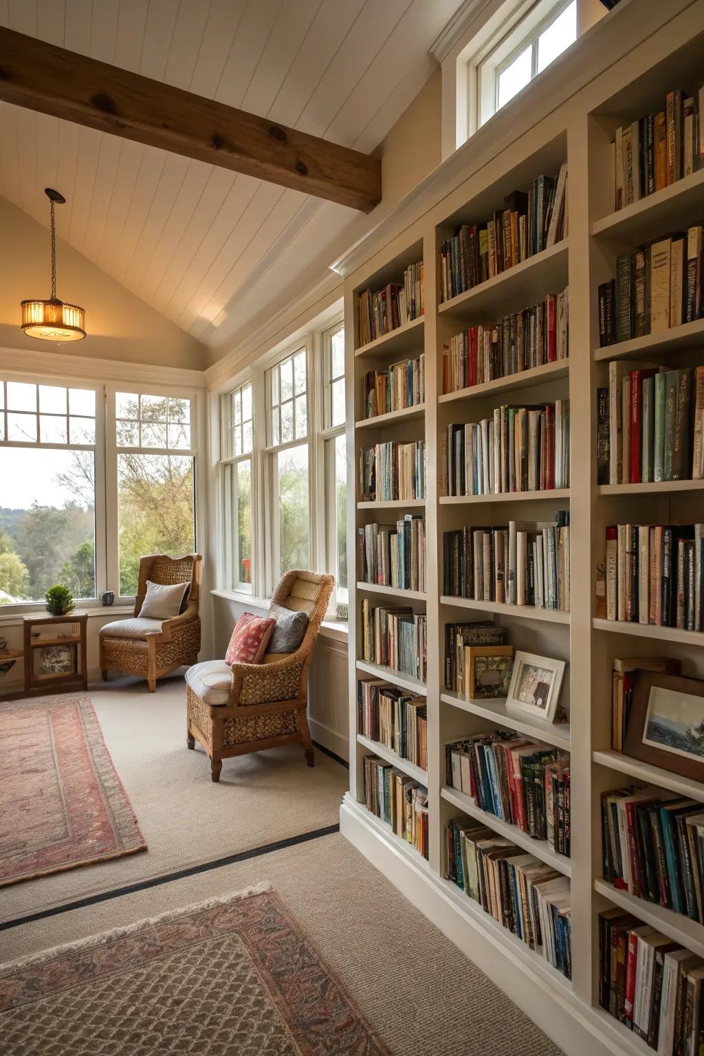 Exposed shelving creates an airy and accessible library.